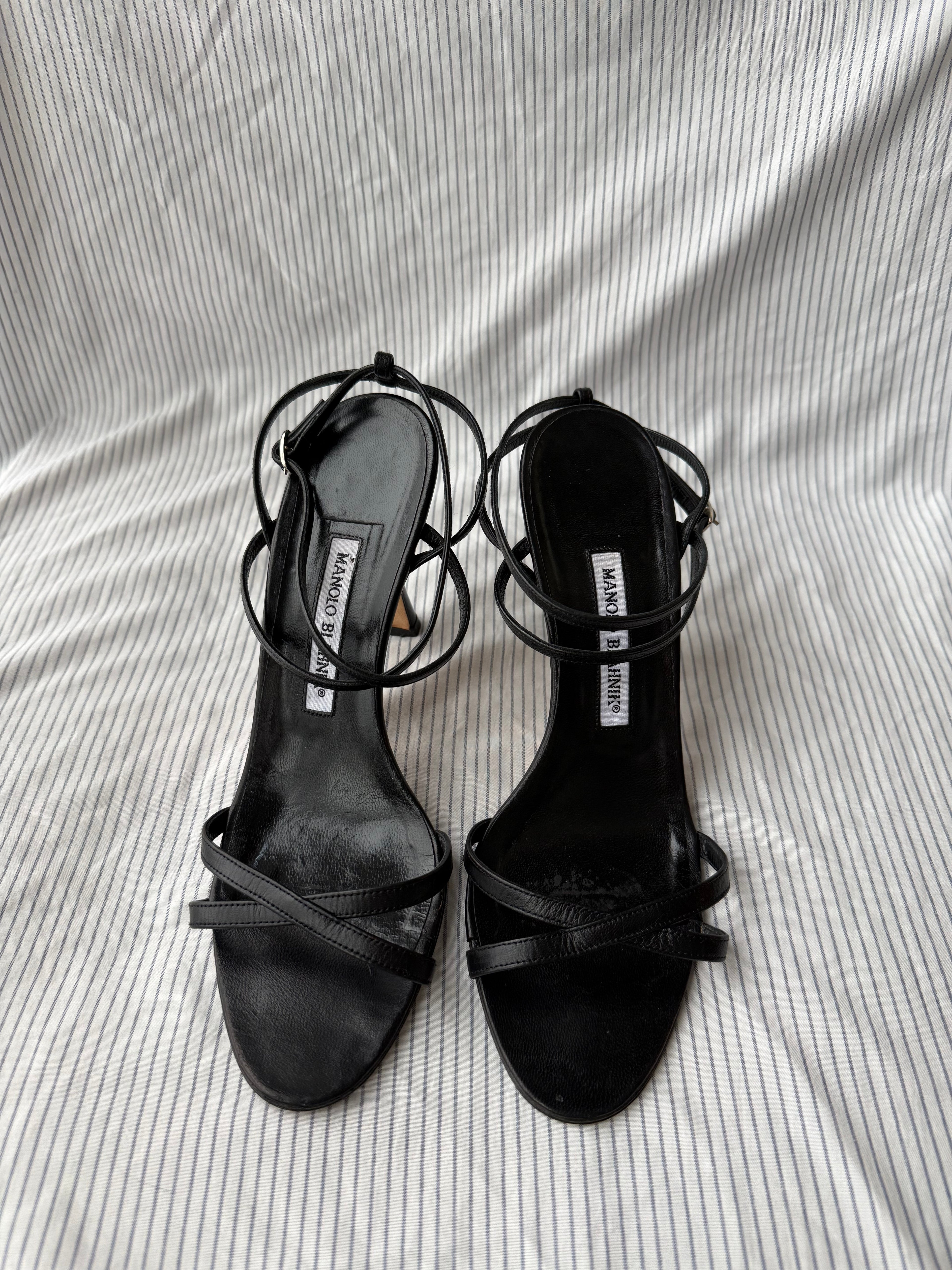 Manolo Blahnik Vintage Black Leather Strappy Stiletto Sandals