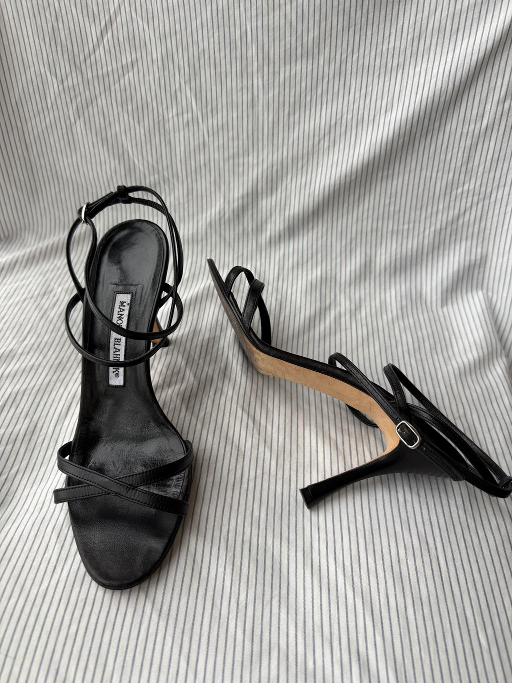 Manolo Blahnik Vintage Black Leather Strappy Stiletto Sandals