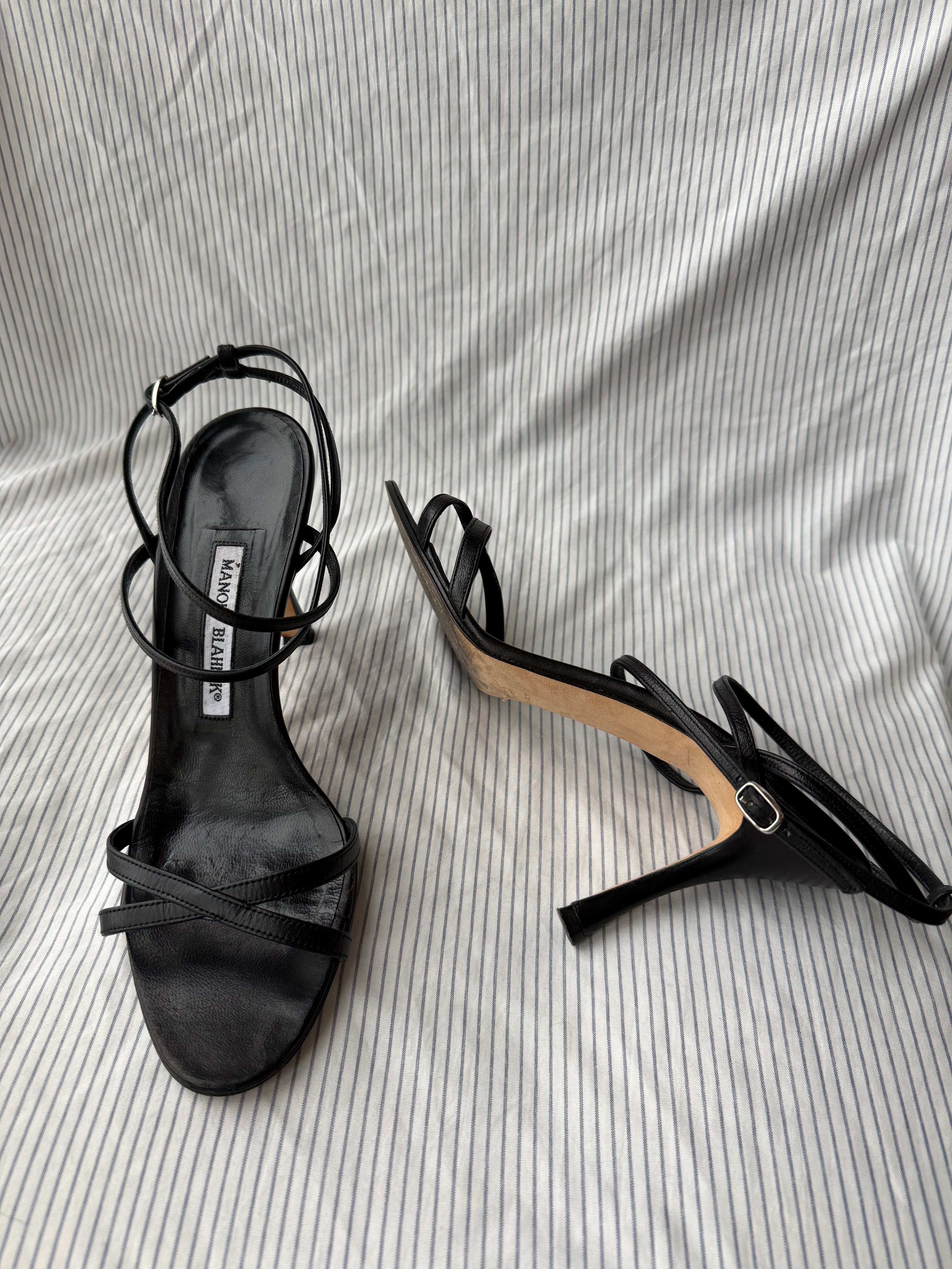 Manolo Blahnik Vintage Black Leather Strappy Stiletto Sandals