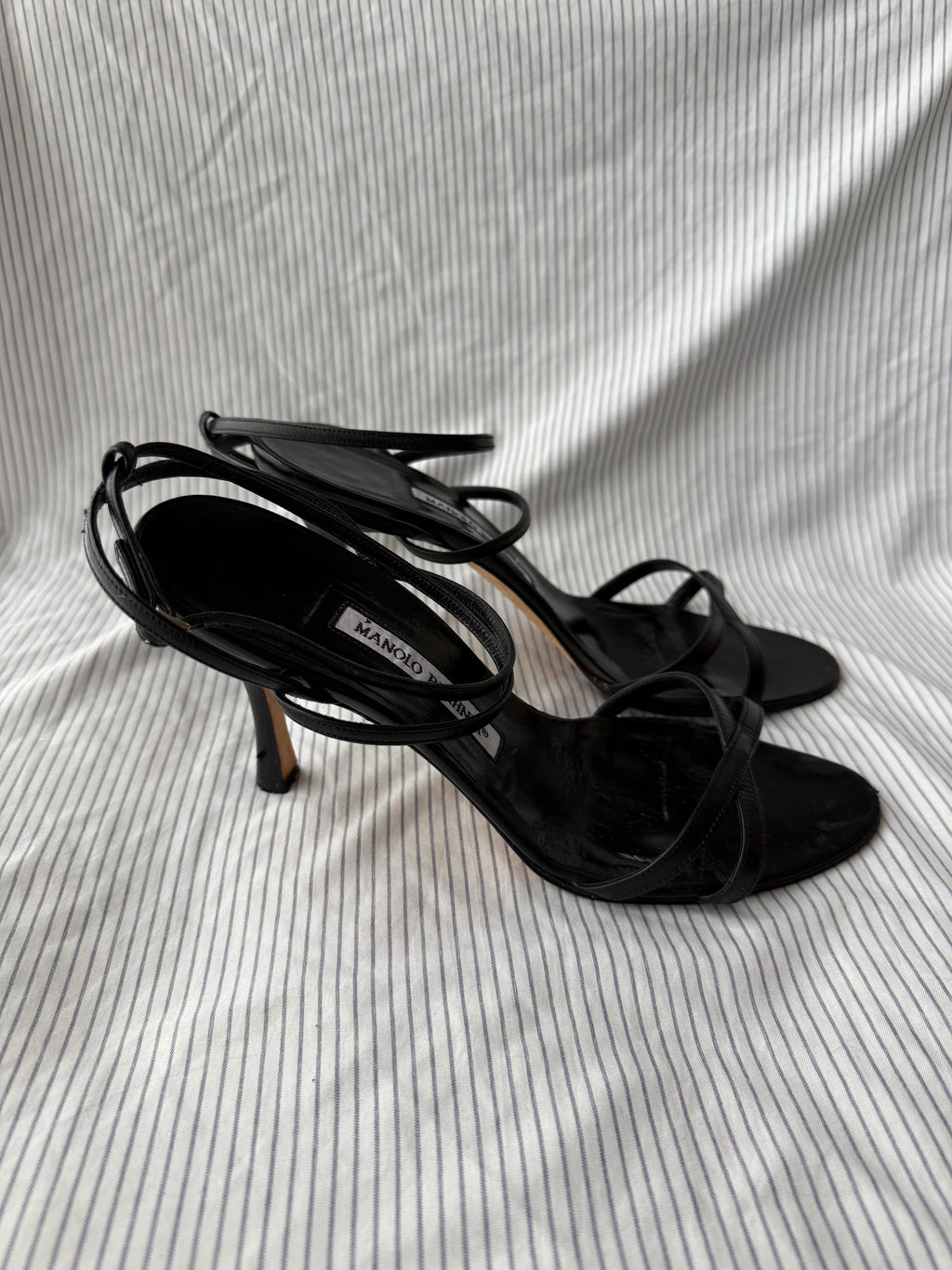 Manolo Blahnik Vintage Black Leather Strappy Stiletto Sandals