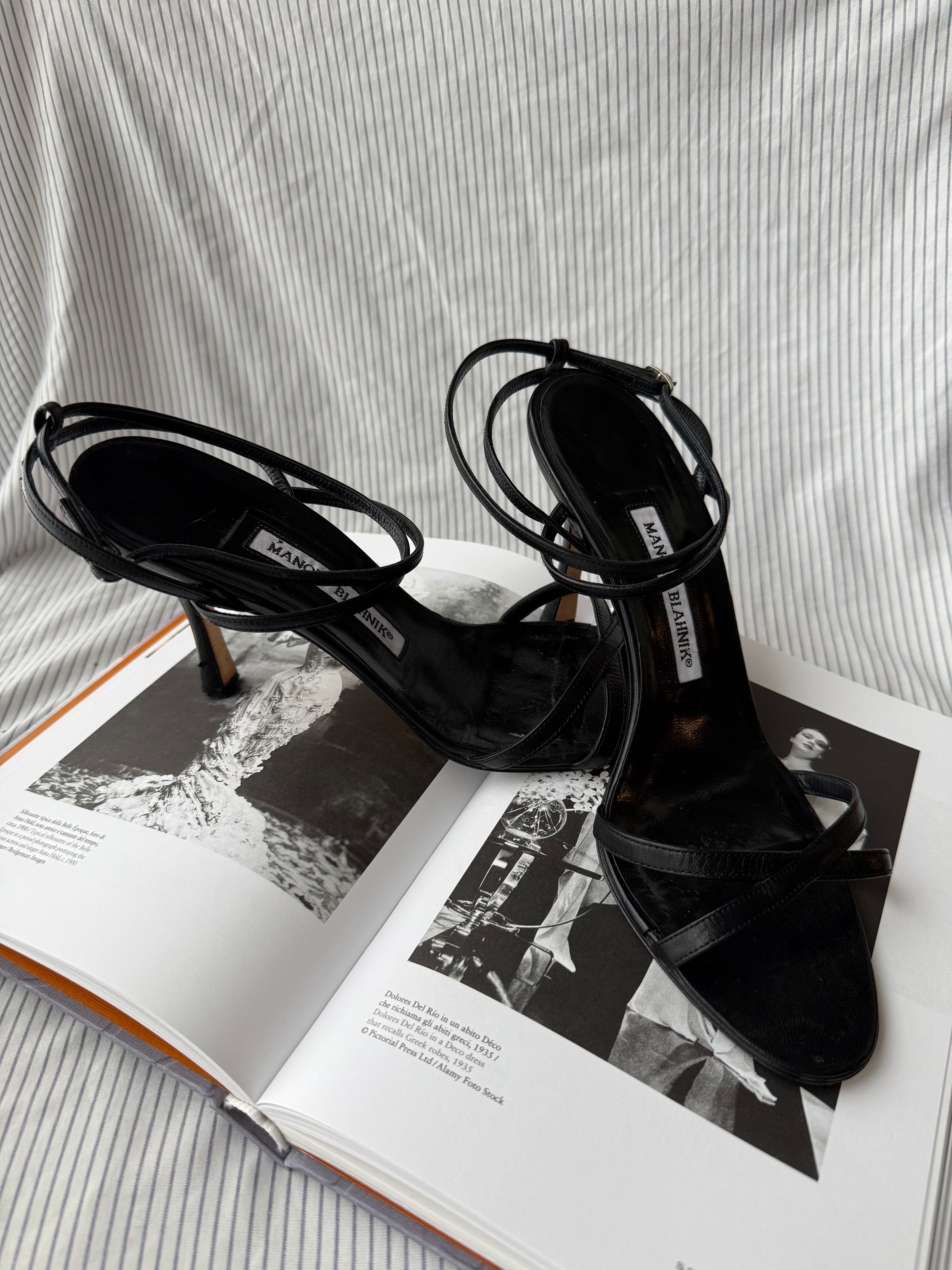 Manolo Blahnik Vintage Black Leather Strappy Stiletto Sandals