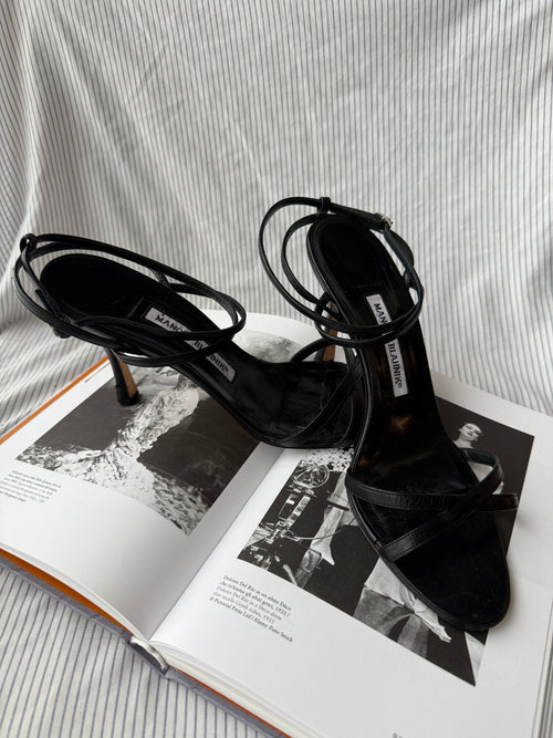Manolo Blahnik Vintage Black Leather Strappy Stiletto Sandals