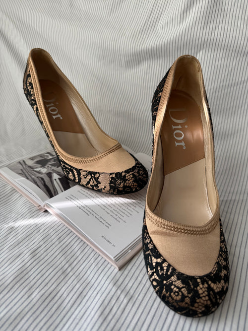 Christian Dior Vintage Nude Satin & Black Lace Pumps
