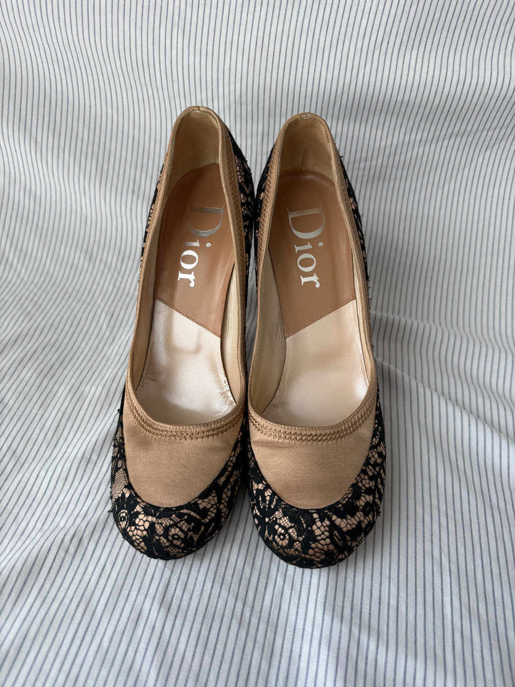 Christian Dior Vintage Nude Satin & Black Lace Pumps