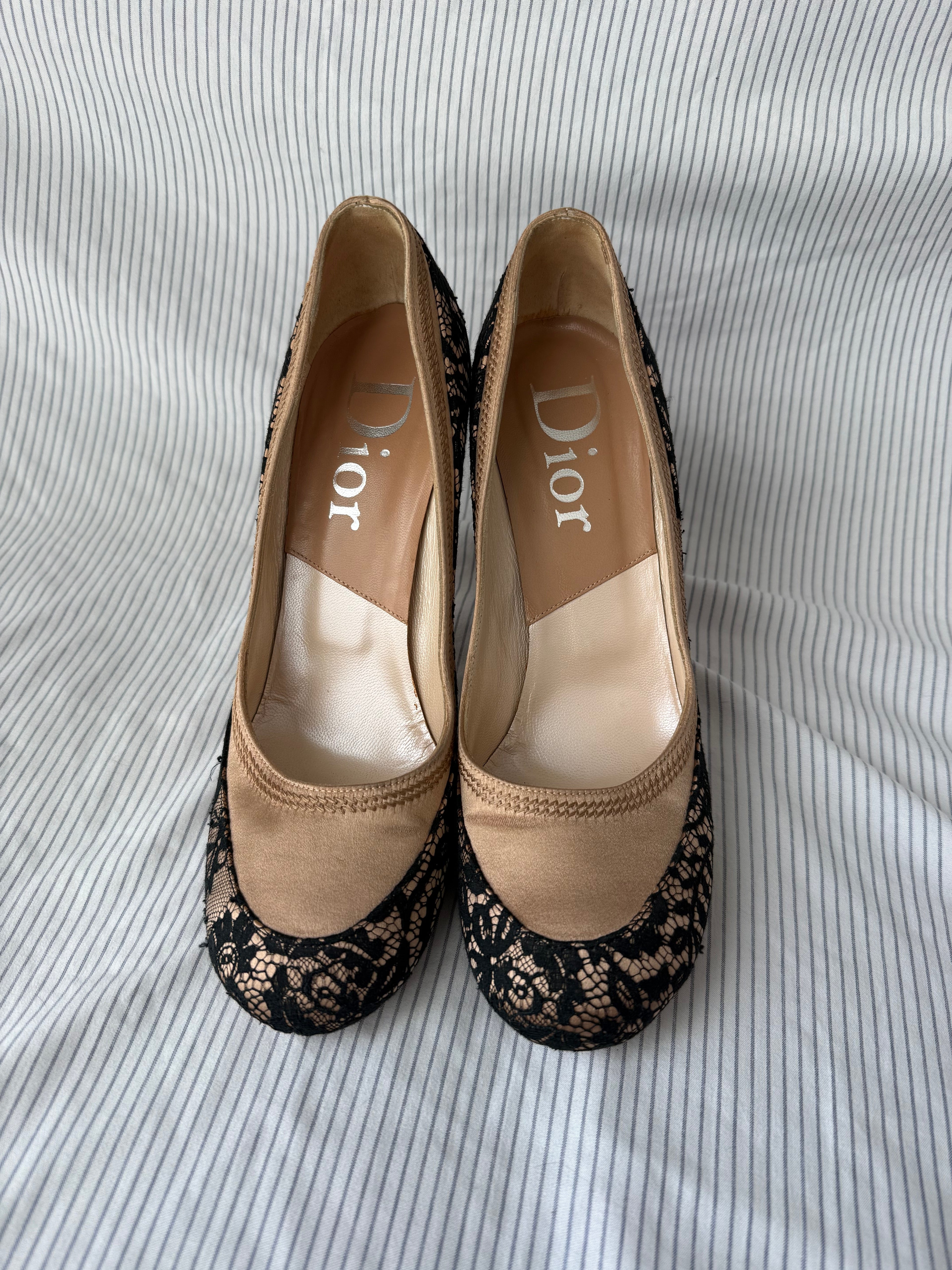 Christian Dior Vintage Nude Satin & Black Lace Pumps