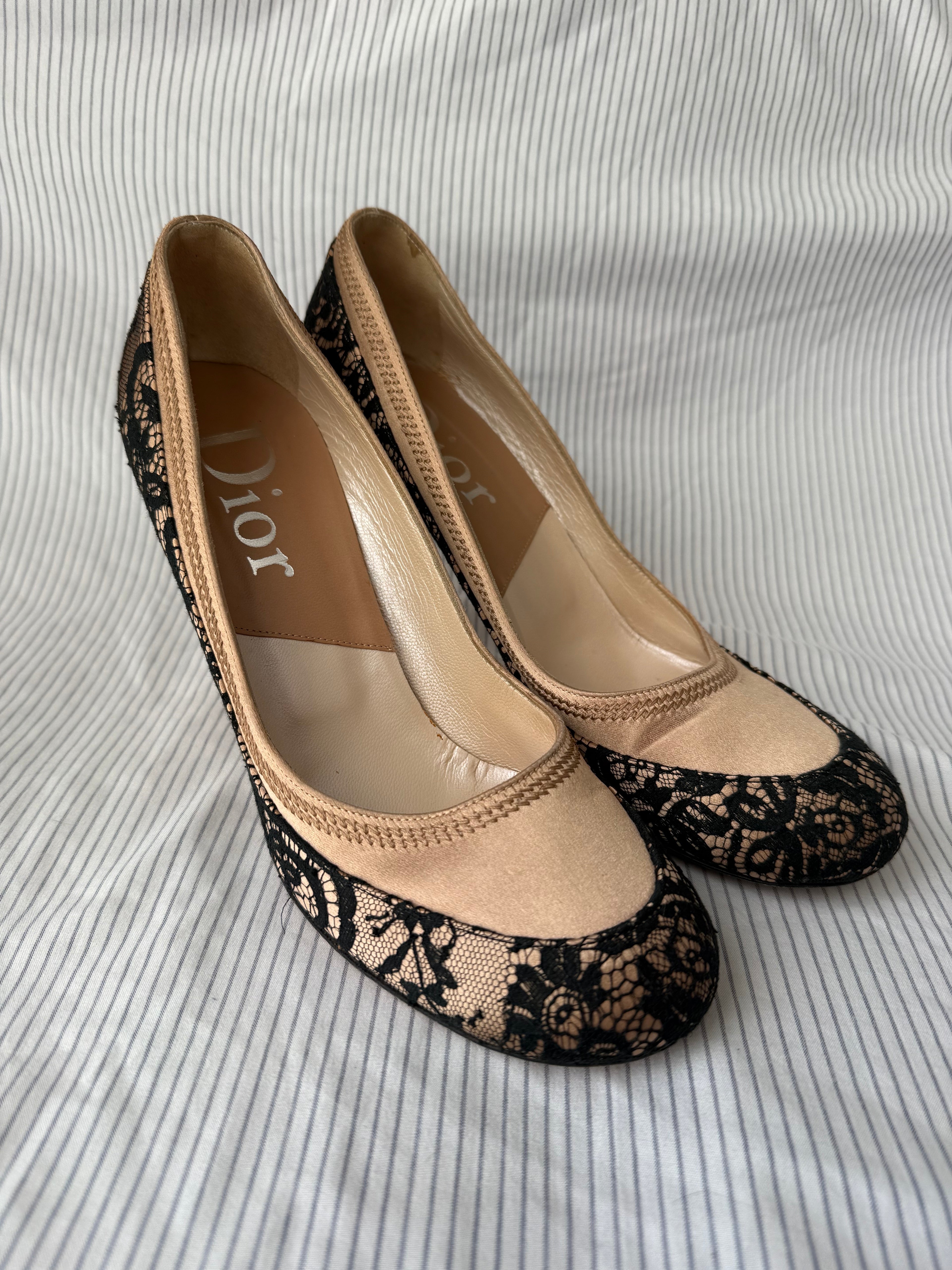 Christian Dior Vintage Nude Satin & Black Lace Pumps