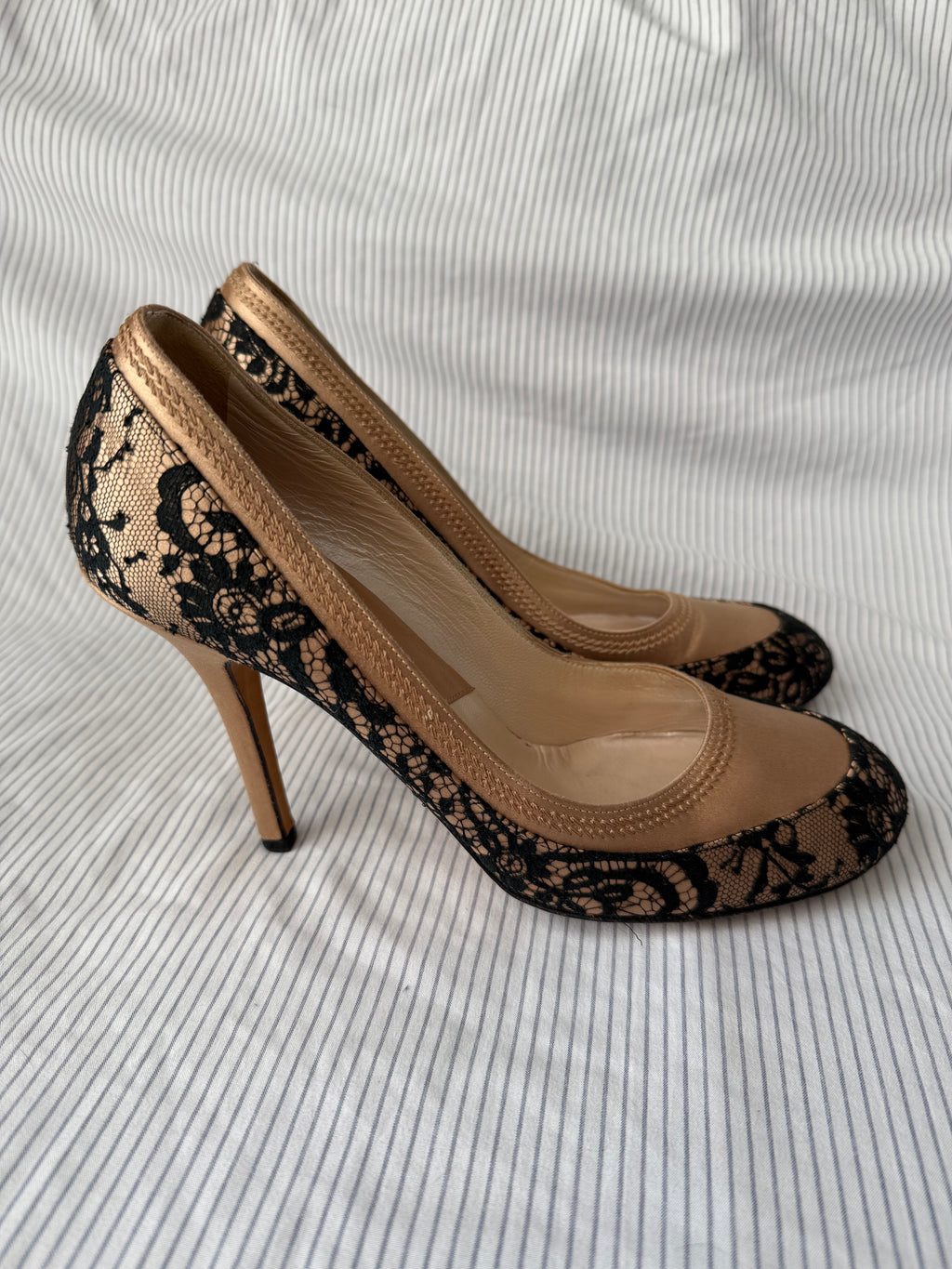 Christian Dior Vintage Nude Satin & Black Lace Pumps