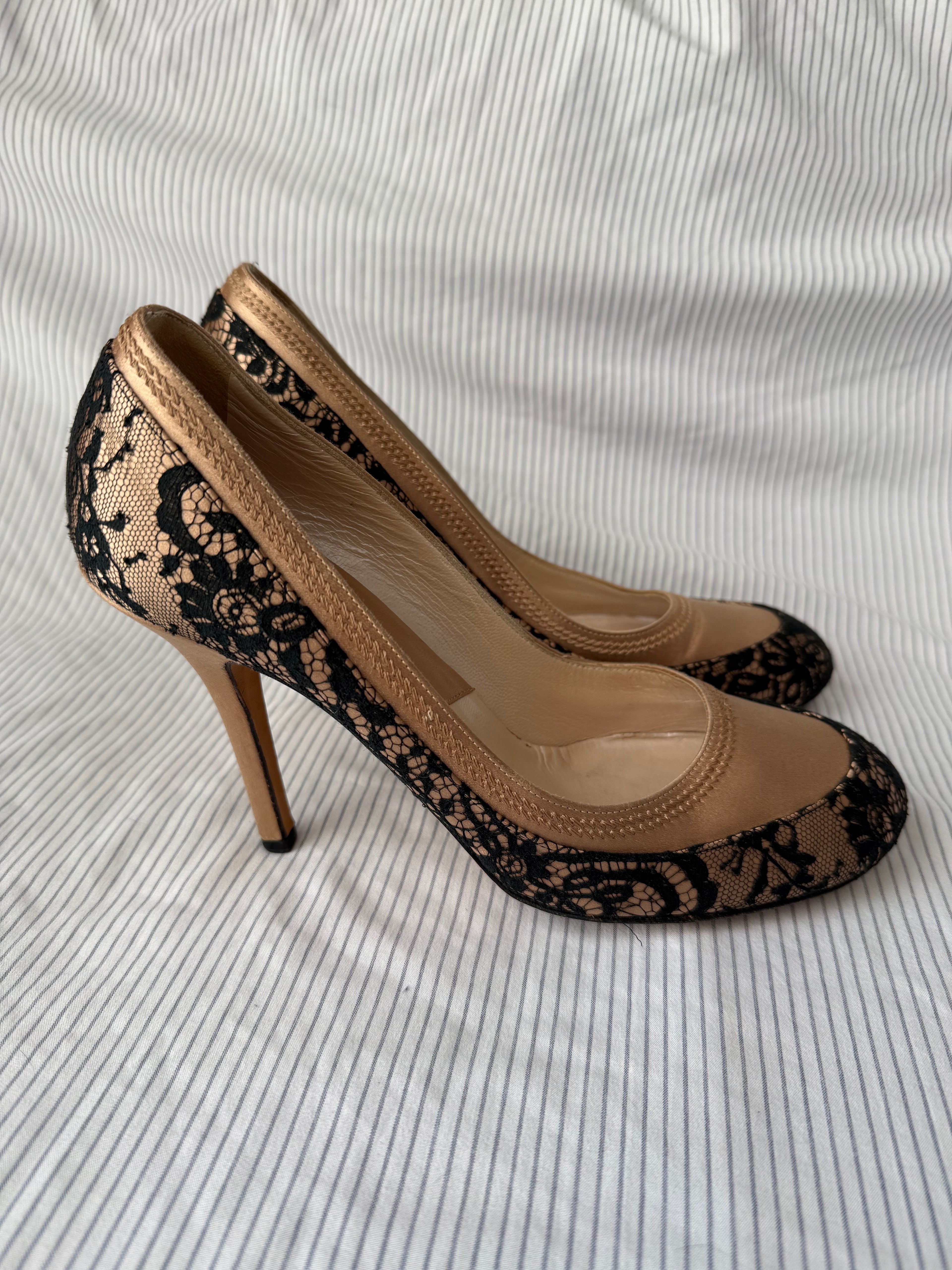 Christian Dior Vintage Nude Satin & Black Lace Pumps