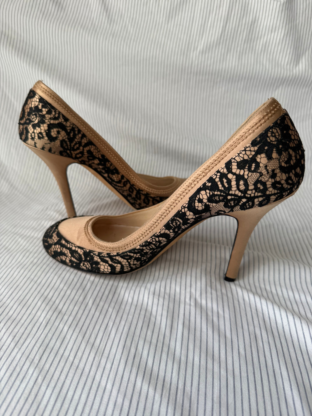 Christian Dior Vintage Nude Satin & Black Lace Pumps