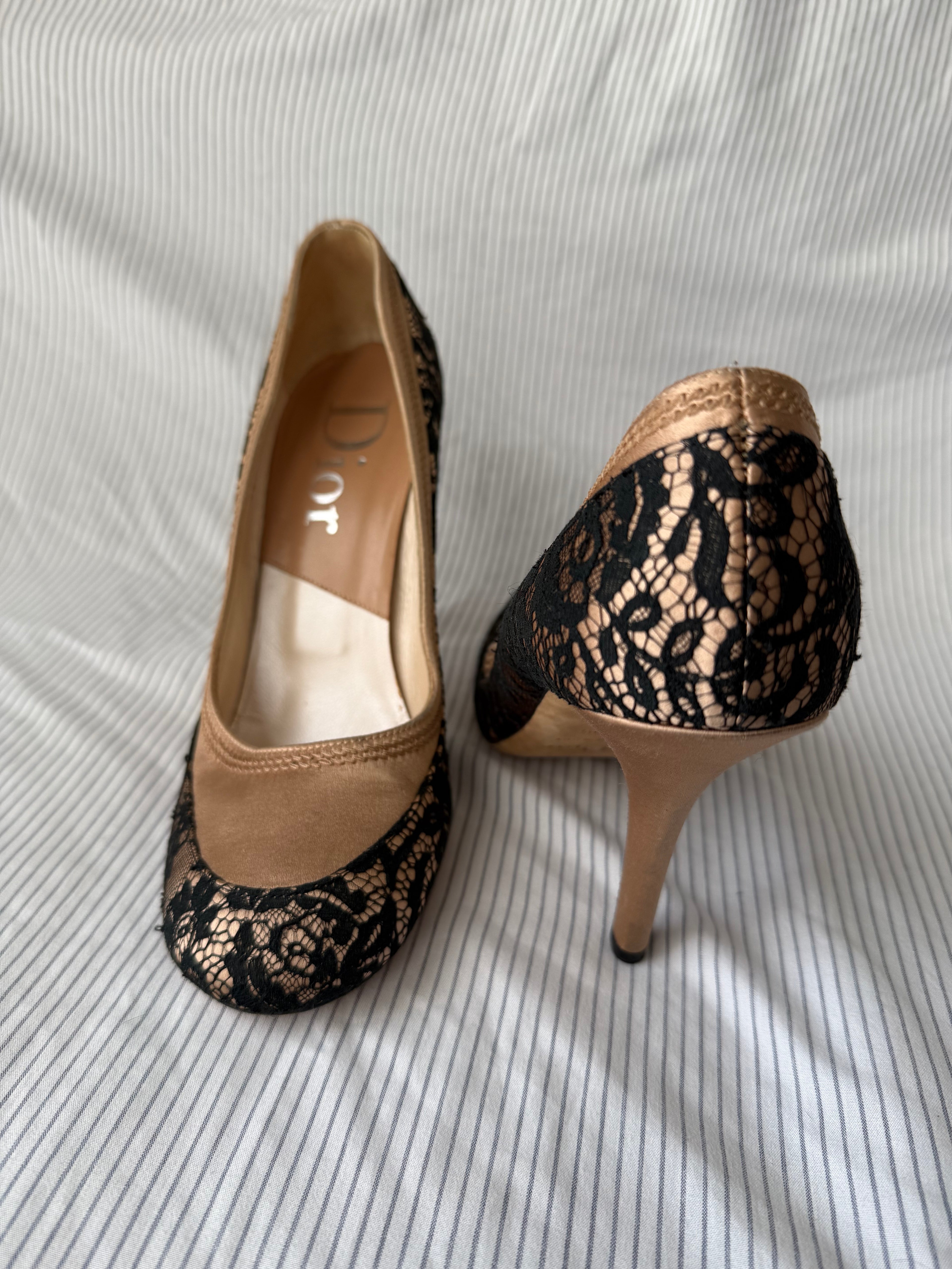 Christian Dior Vintage Nude Satin & Black Lace Pumps
