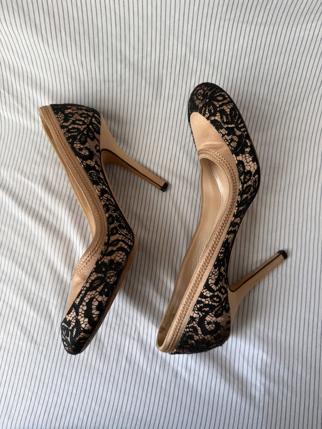 Christian Dior Vintage Nude Satin & Black Lace Pumps