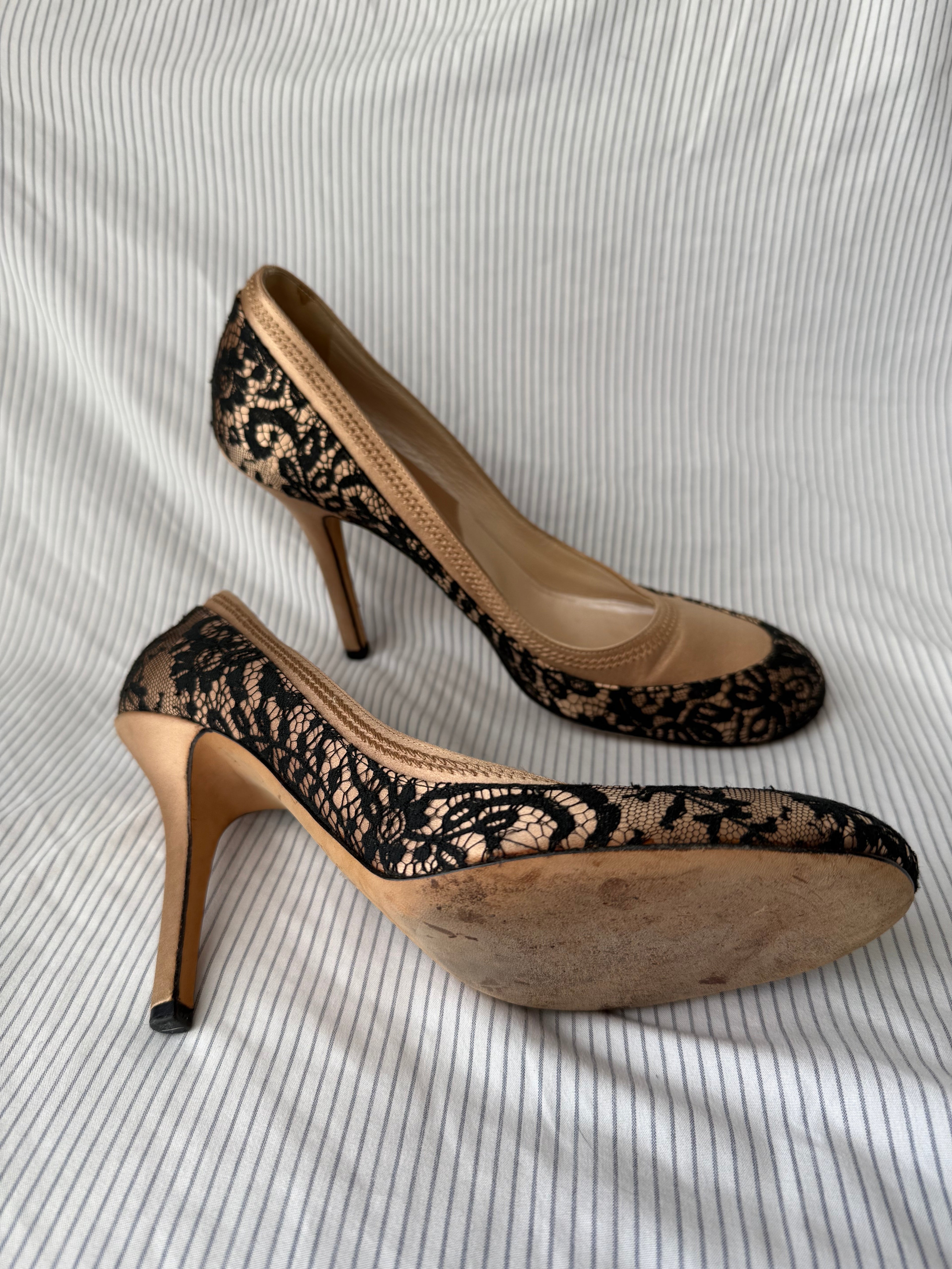 Christian Dior Vintage Nude Satin & Black Lace Pumps