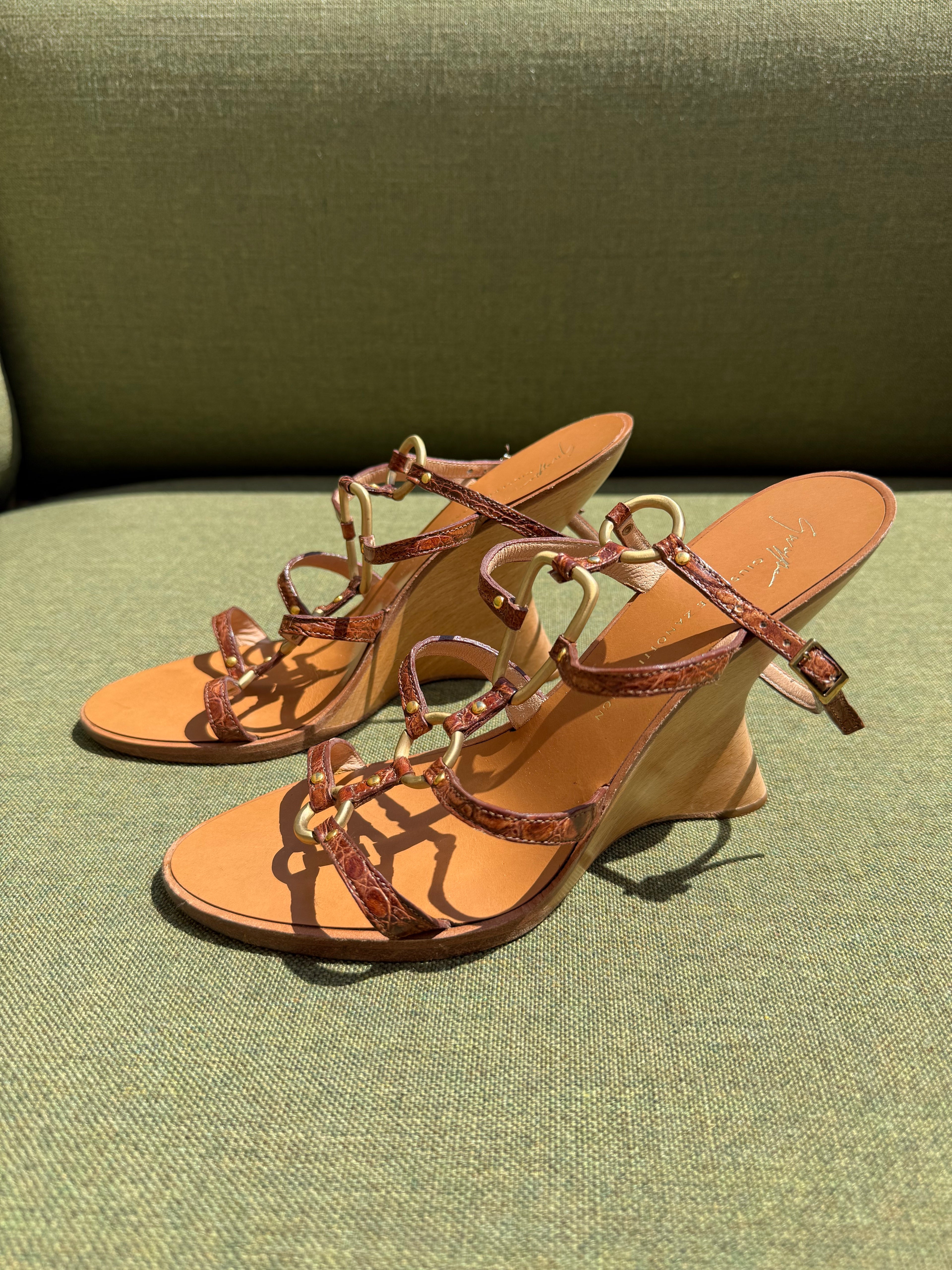 Archive Giuseppe Zanotti Brown Leather Sculptural Wedge Sandals