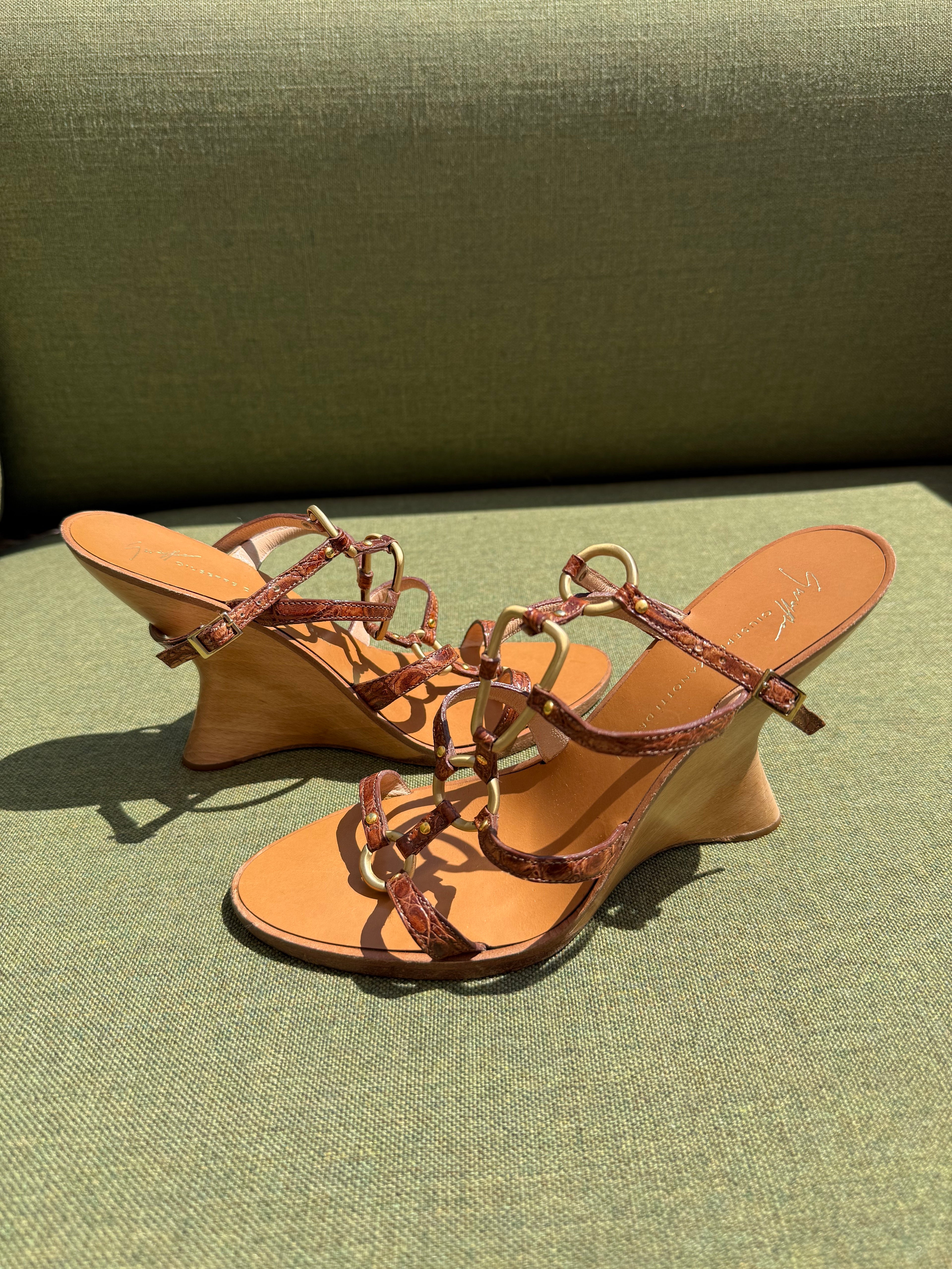 Archive Giuseppe Zanotti Brown Leather Sculptural Wedge Sandals