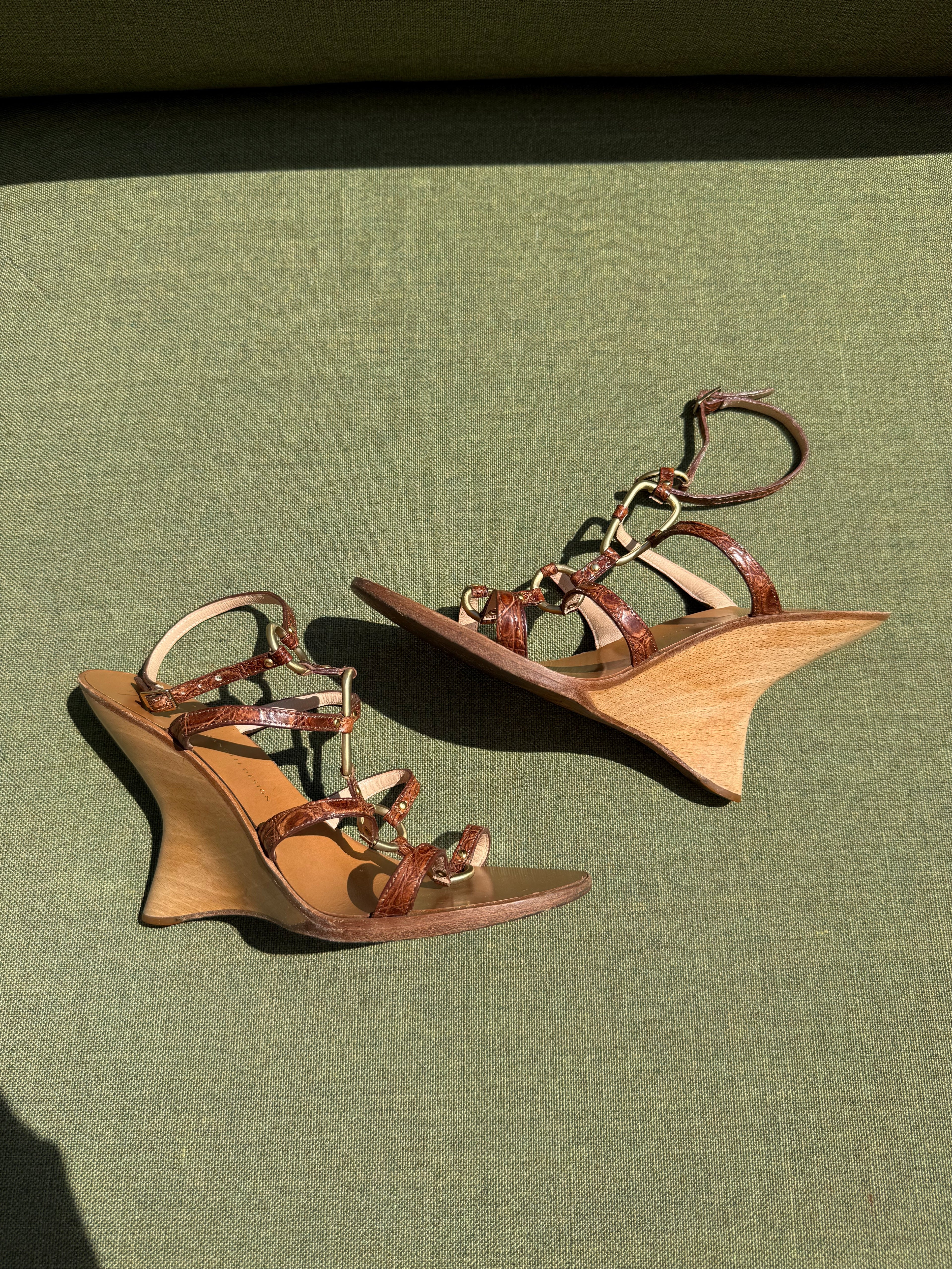 Archive Giuseppe Zanotti Brown Leather Sculptural Wedge Sandals