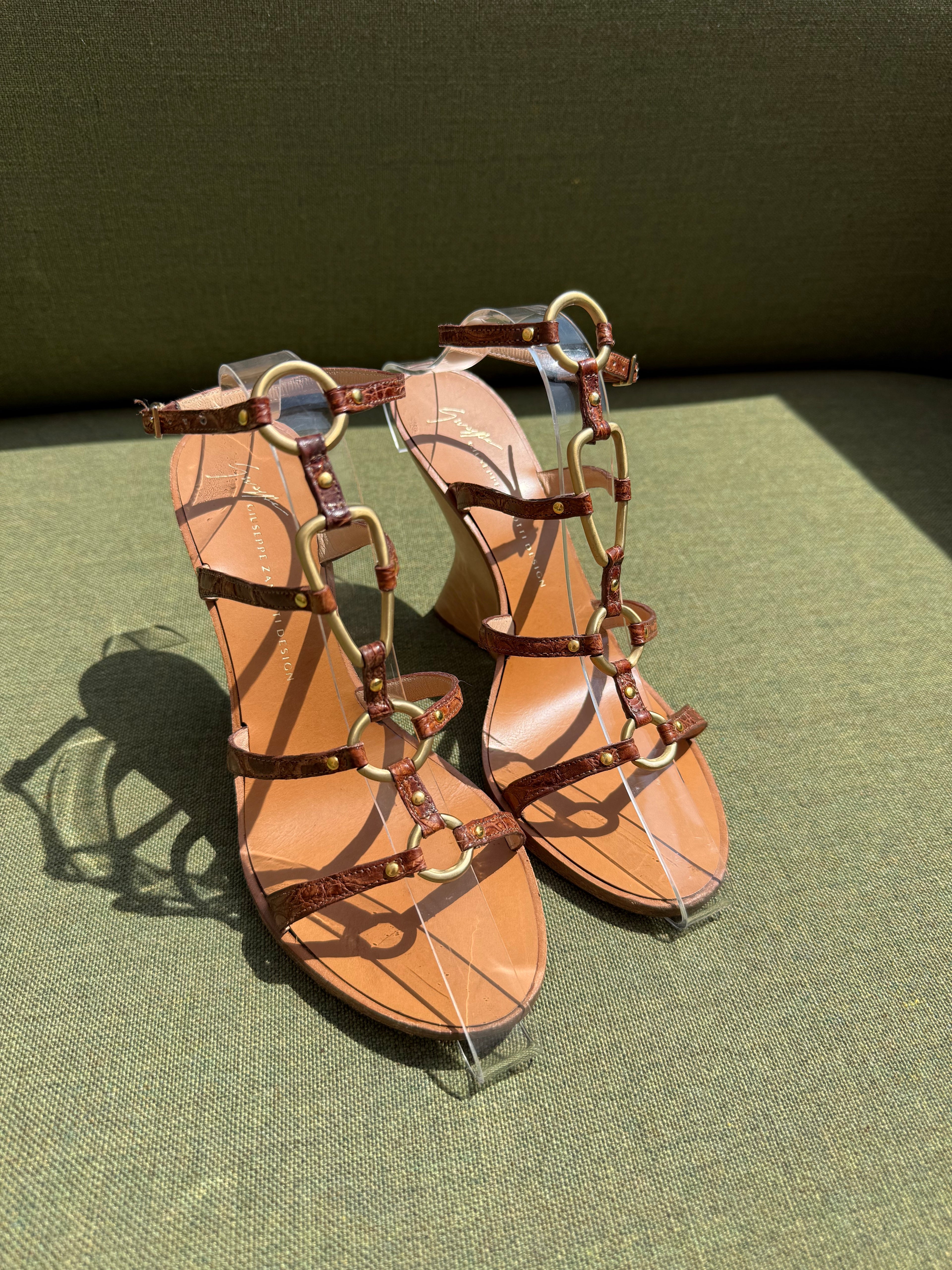 Archive Giuseppe Zanotti Brown Leather Sculptural Wedge Sandals