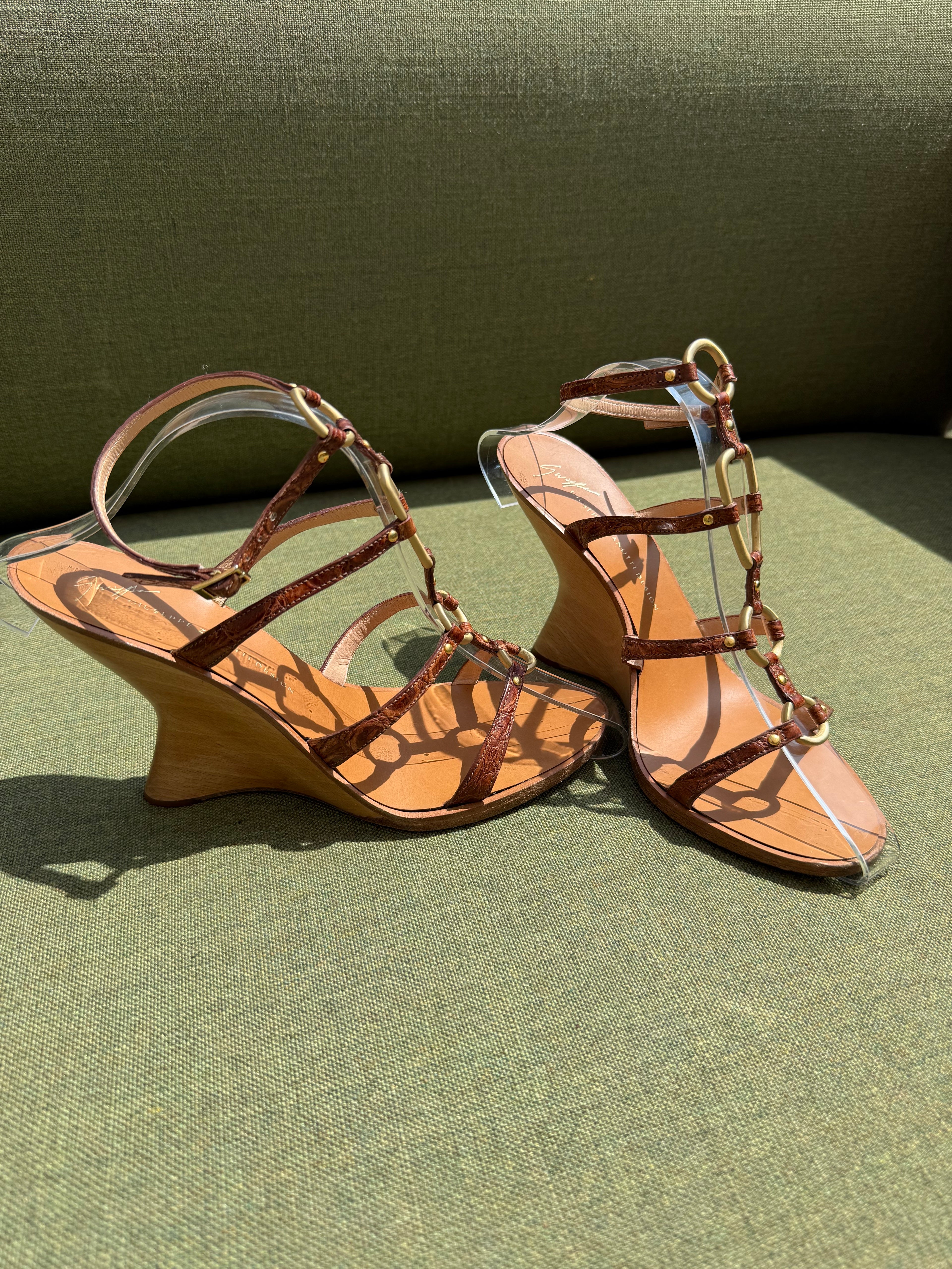 Archive Giuseppe Zanotti Brown Leather Sculptural Wedge Sandals