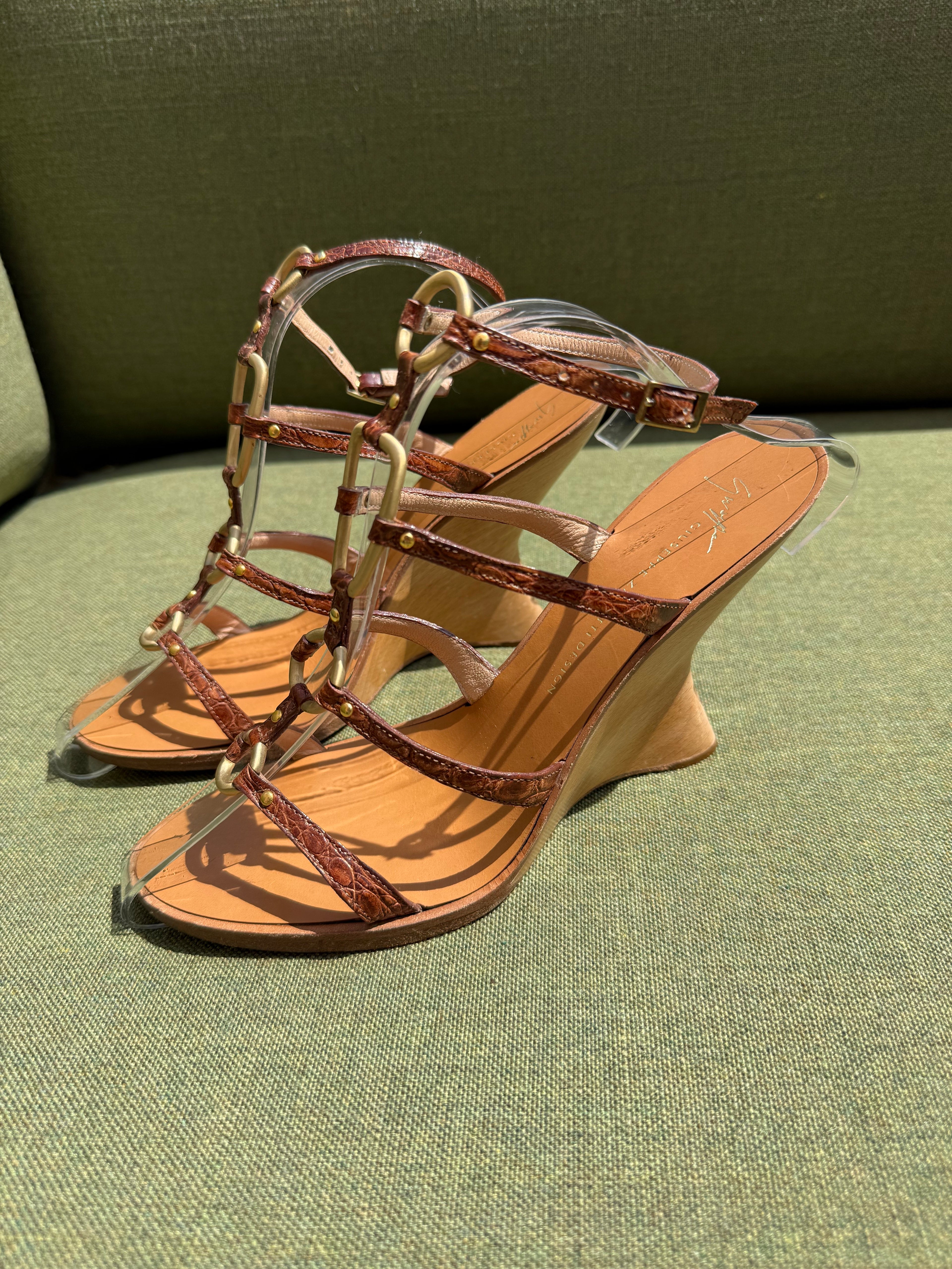 Archive Giuseppe Zanotti Brown Leather Sculptural Wedge Sandals