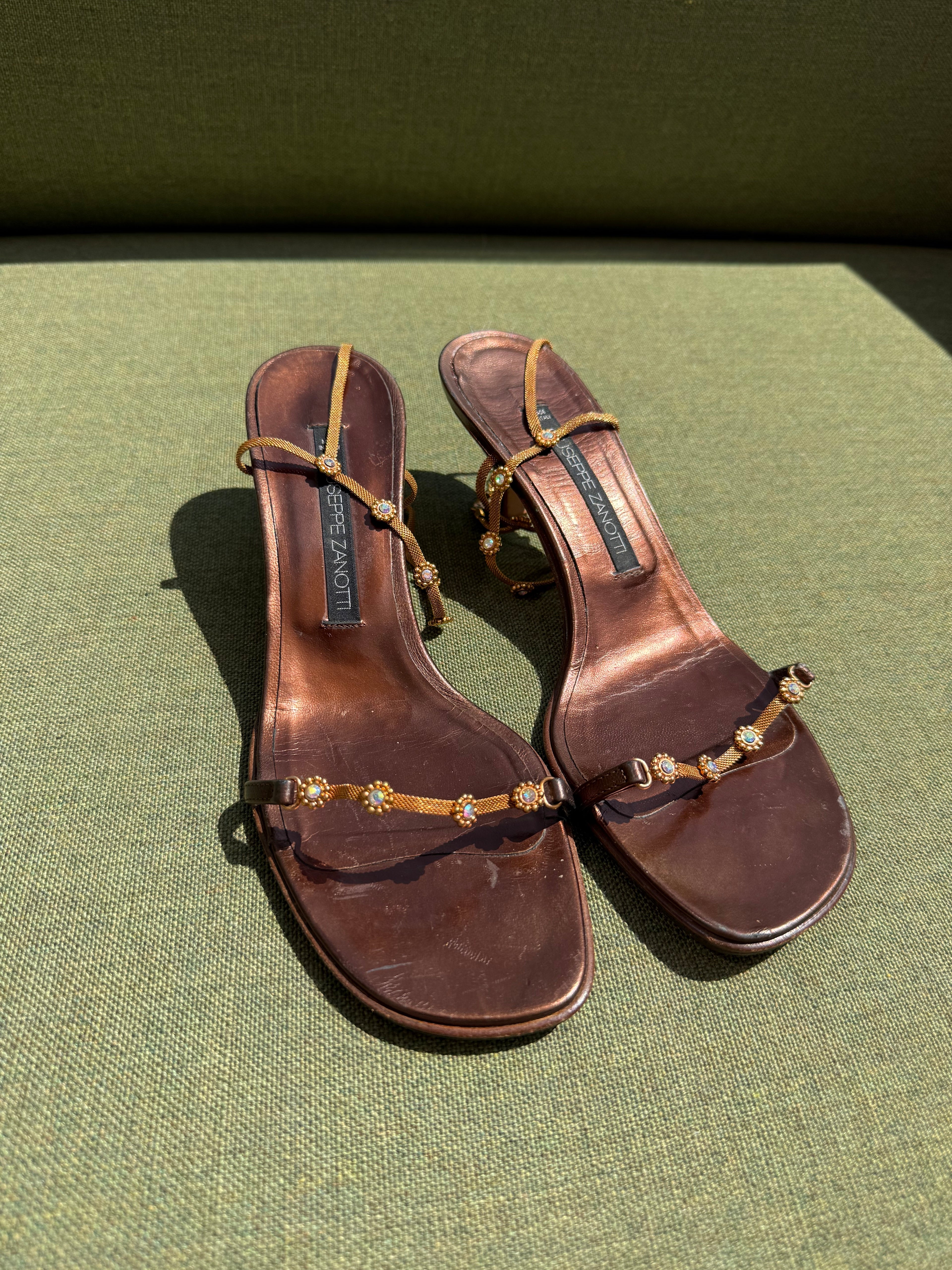 Vintage Giuseppe Zanotti Bronze Leather Embellished Kitten Heel Sandals