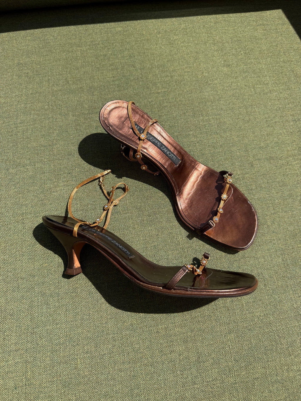 Vintage Giuseppe Zanotti Bronze Leather Embellished Kitten Heel Sandals