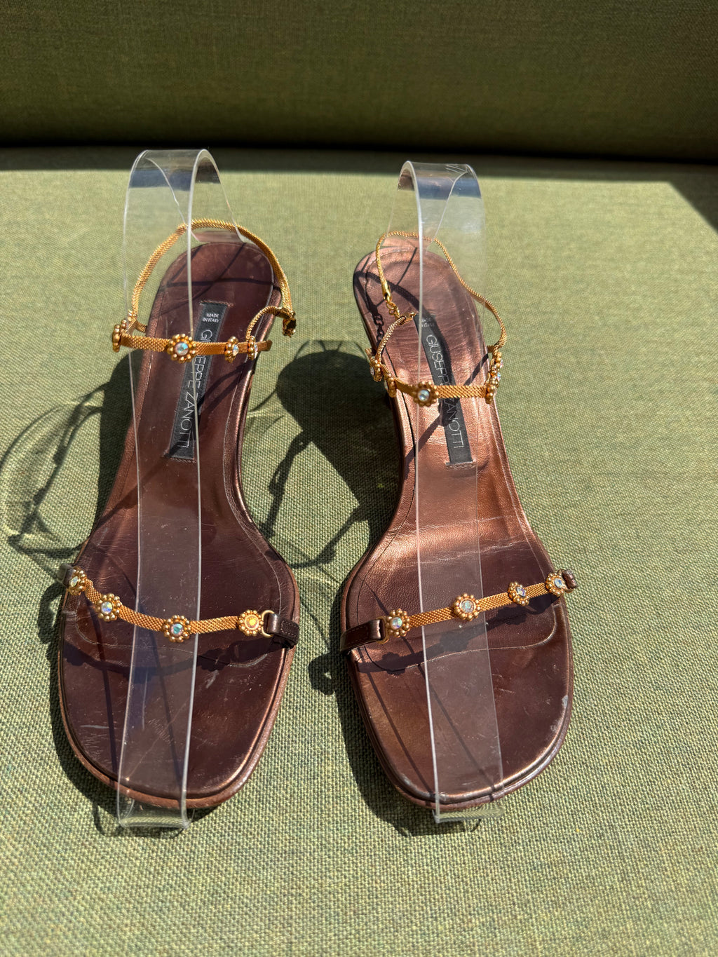 Vintage Giuseppe Zanotti Bronze Leather Embellished Kitten Heel Sandals