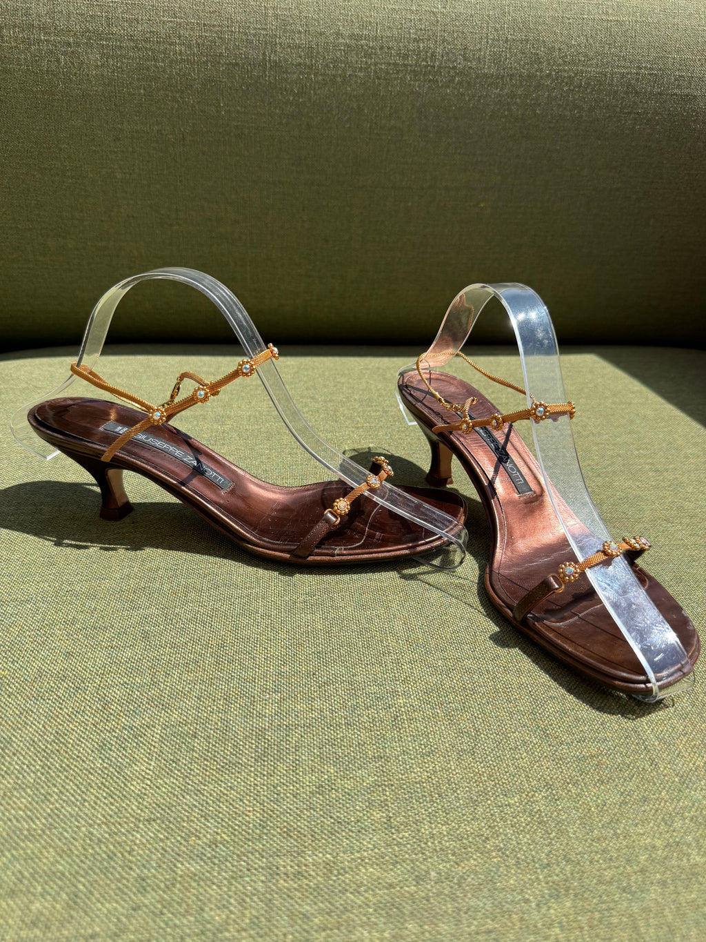 Vintage Giuseppe Zanotti Bronze Leather Embellished Kitten Heel Sandals