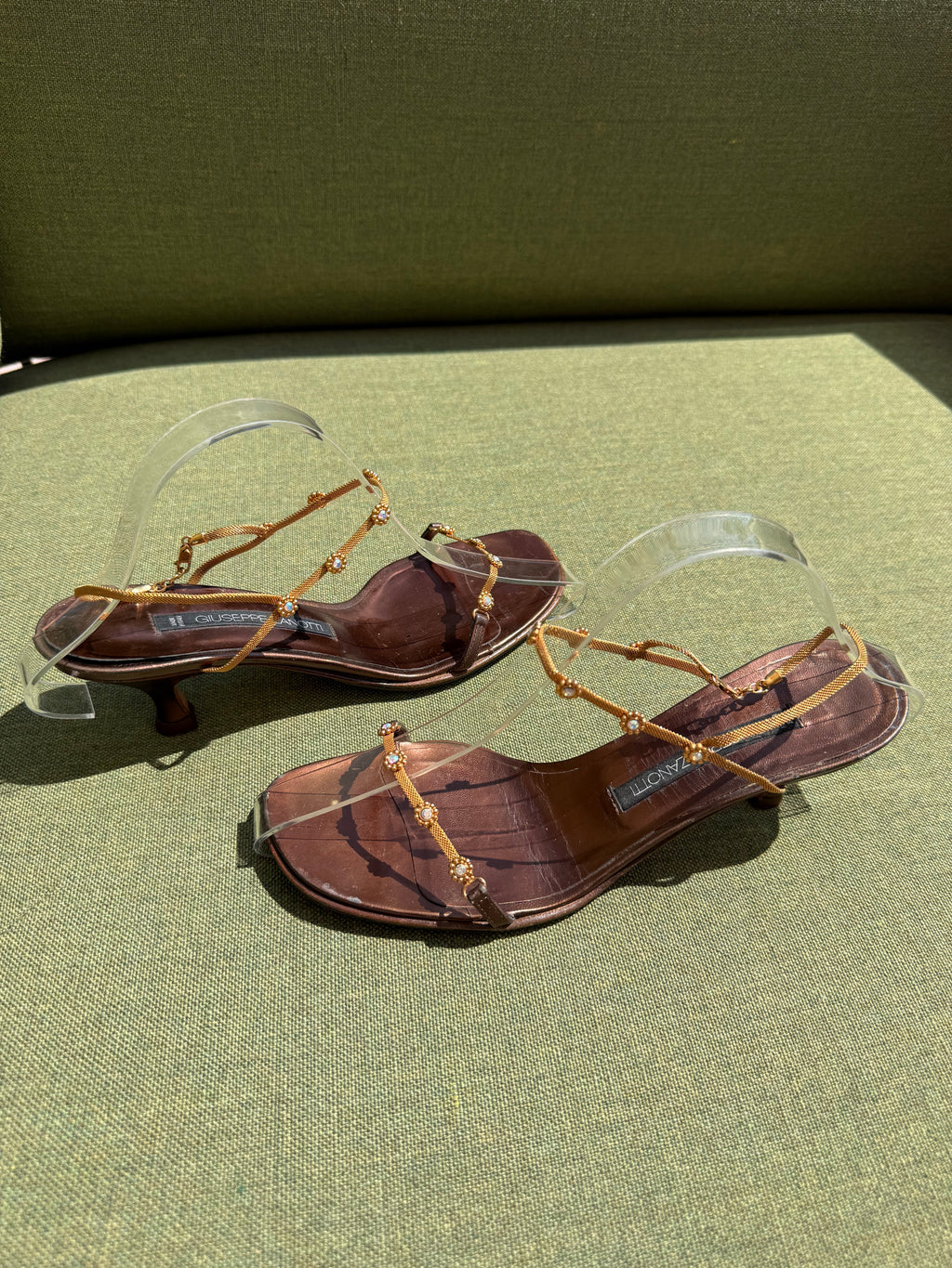 Vintage Giuseppe Zanotti Bronze Leather Embellished Kitten Heel Sandals