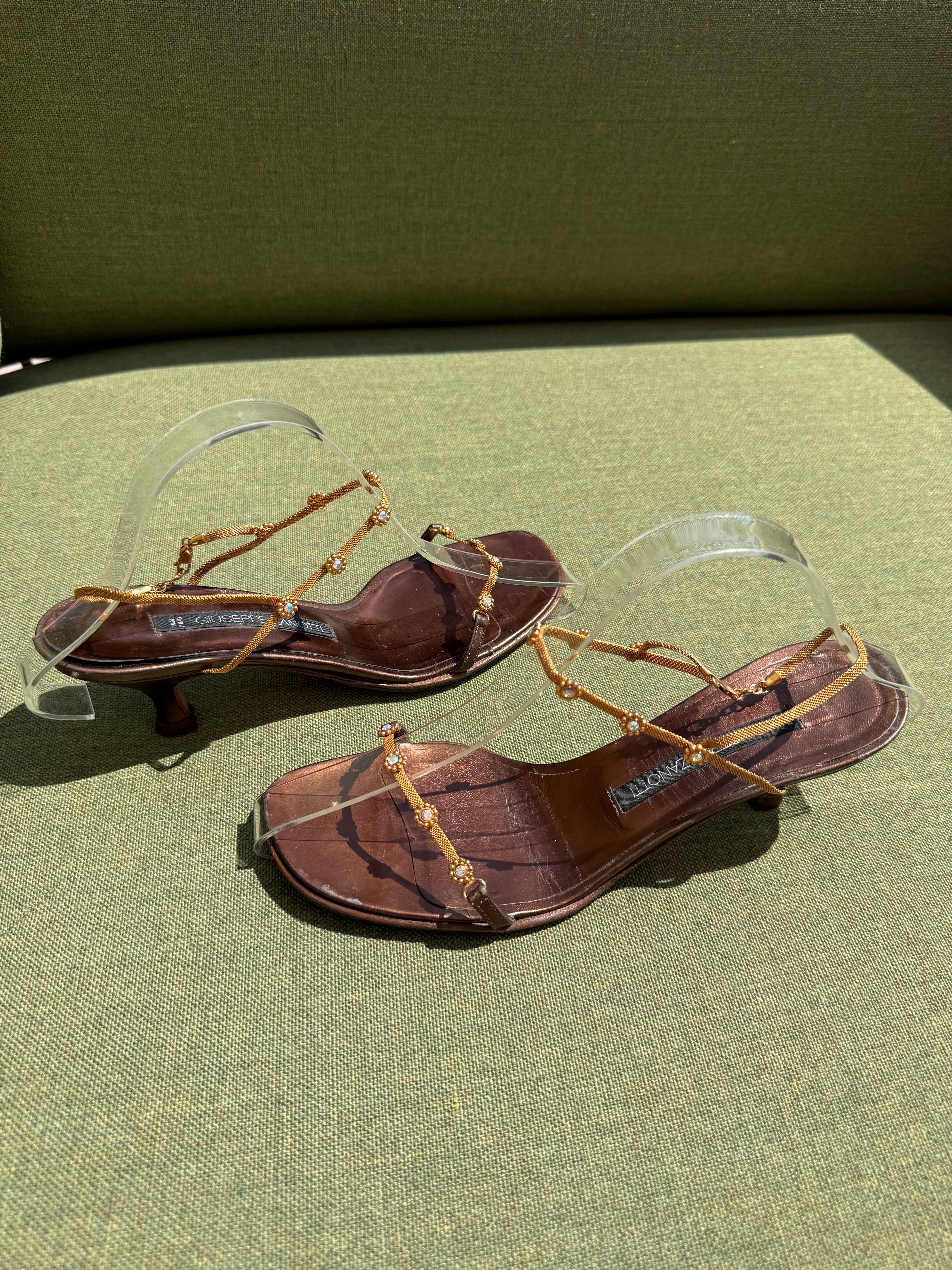 Vintage Giuseppe Zanotti Bronze Leather Embellished Kitten Heel Sandals