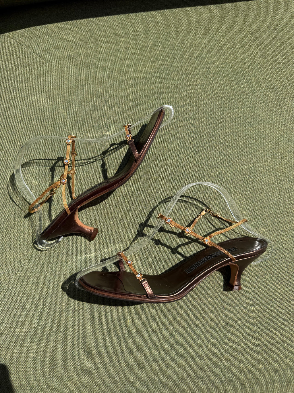 Vintage Giuseppe Zanotti Bronze Leather Embellished Kitten Heel Sandals
