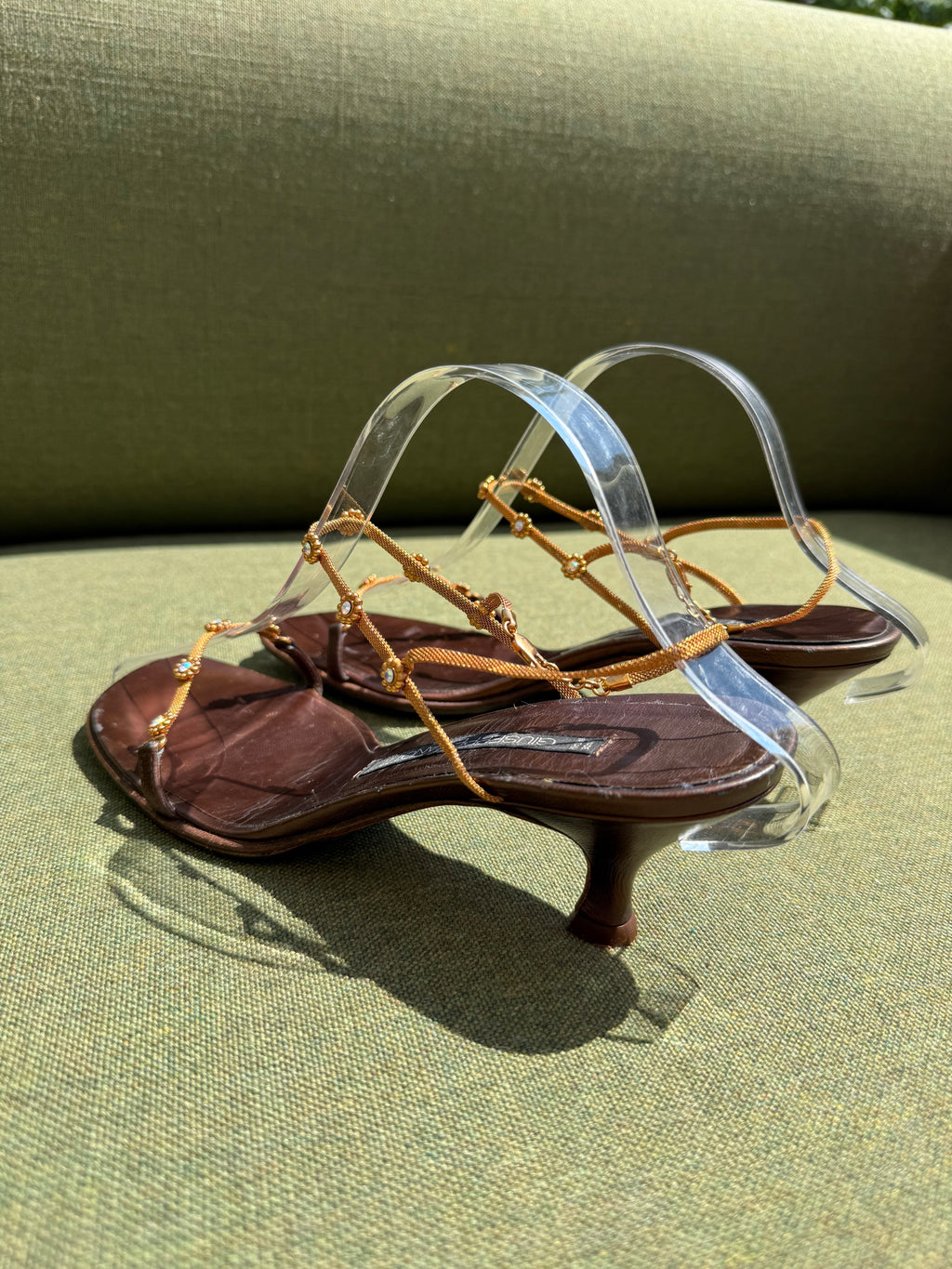 Vintage Giuseppe Zanotti Bronze Leather Embellished Kitten Heel Sandals