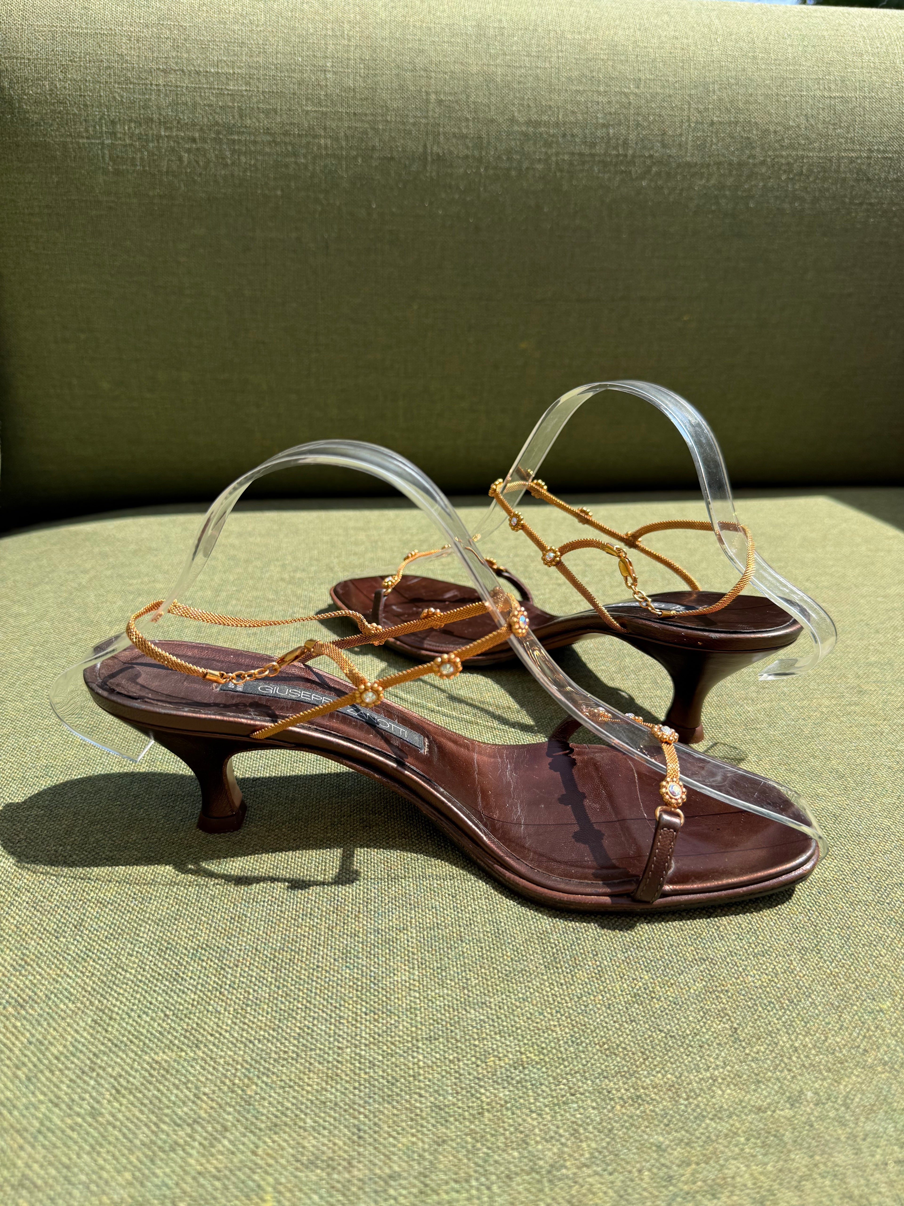 Vintage Giuseppe Zanotti Bronze Leather Embellished Kitten Heel Sandals