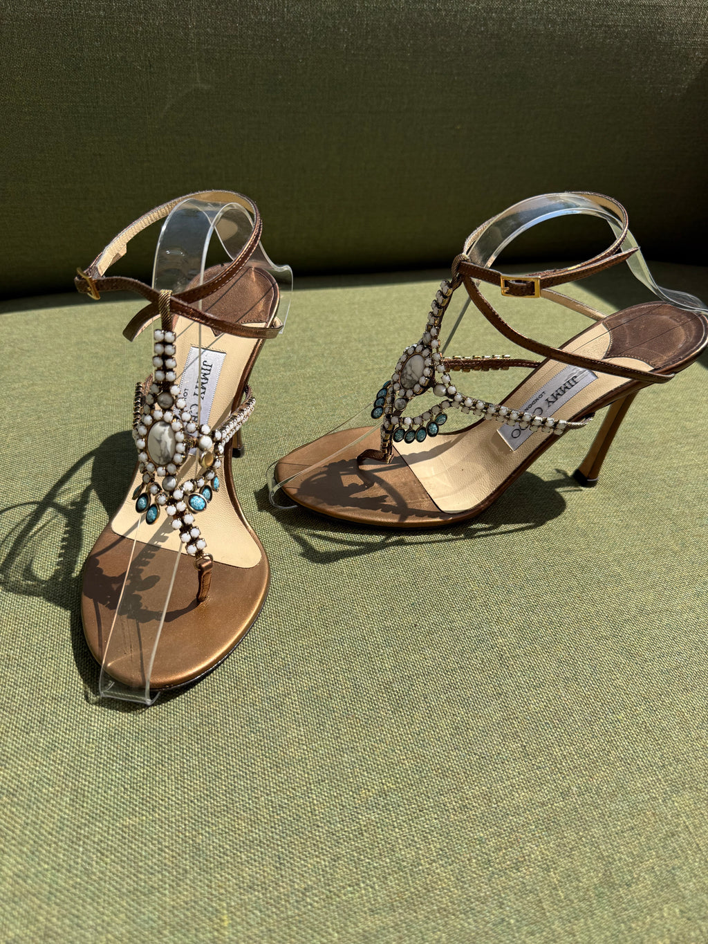 Vintage Jimmy Choo Bronze Embellished T-Strap Sandals