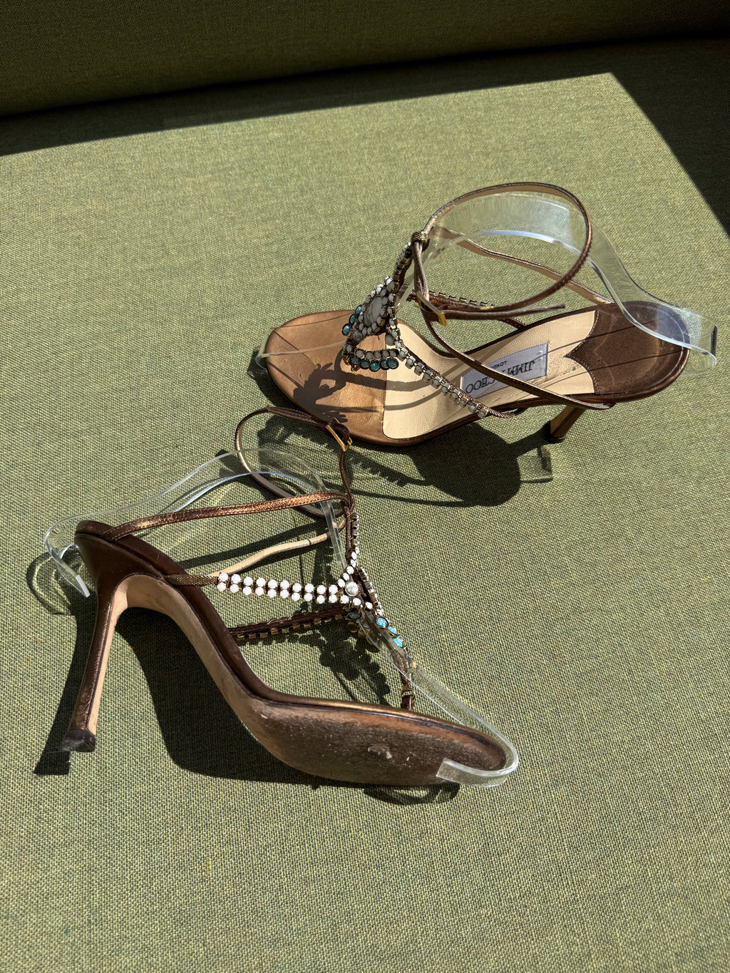 Vintage Jimmy Choo Bronze Embellished T-Strap Sandals