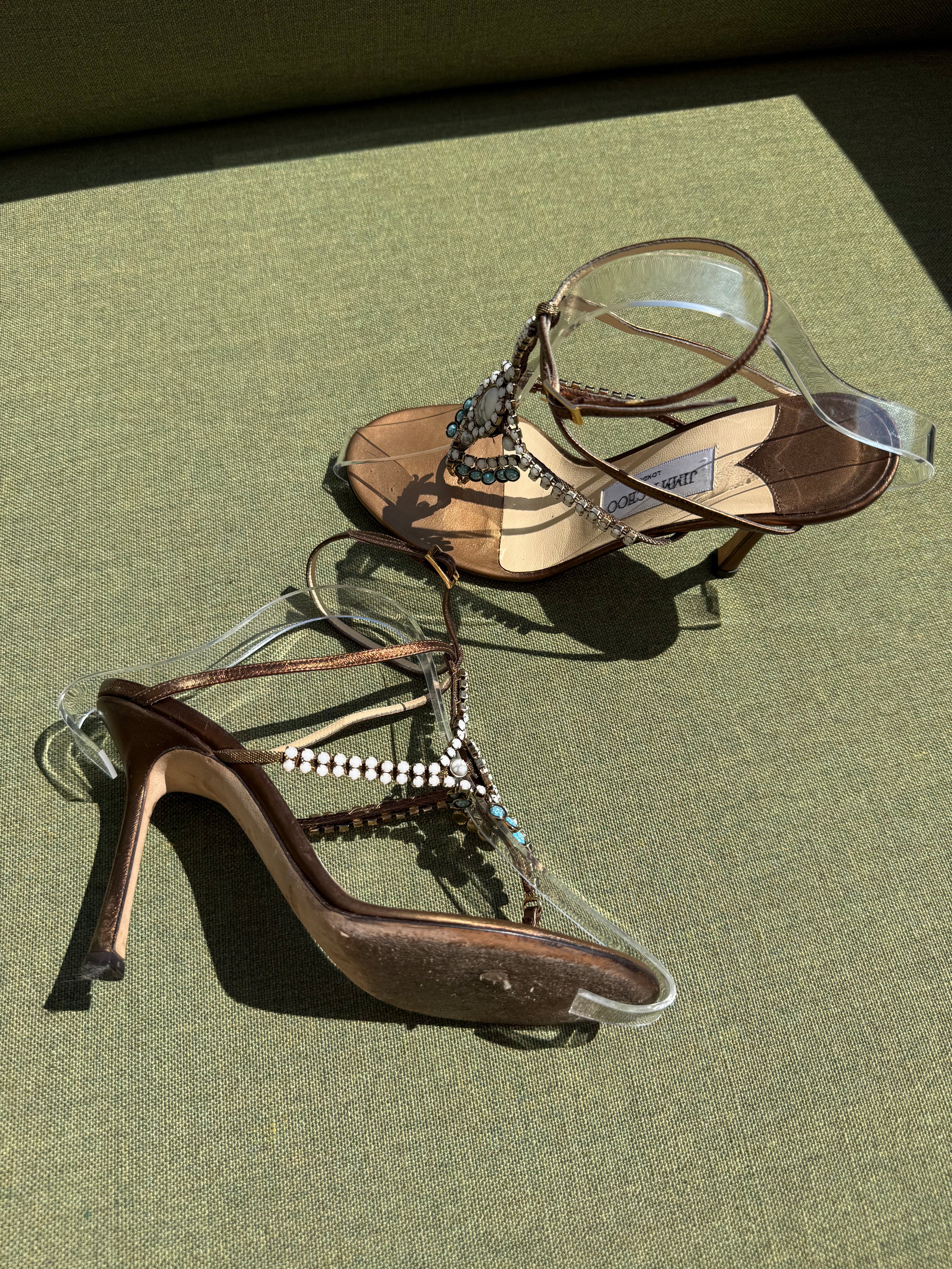 Vintage Jimmy Choo Bronze Embellished T-Strap Sandals