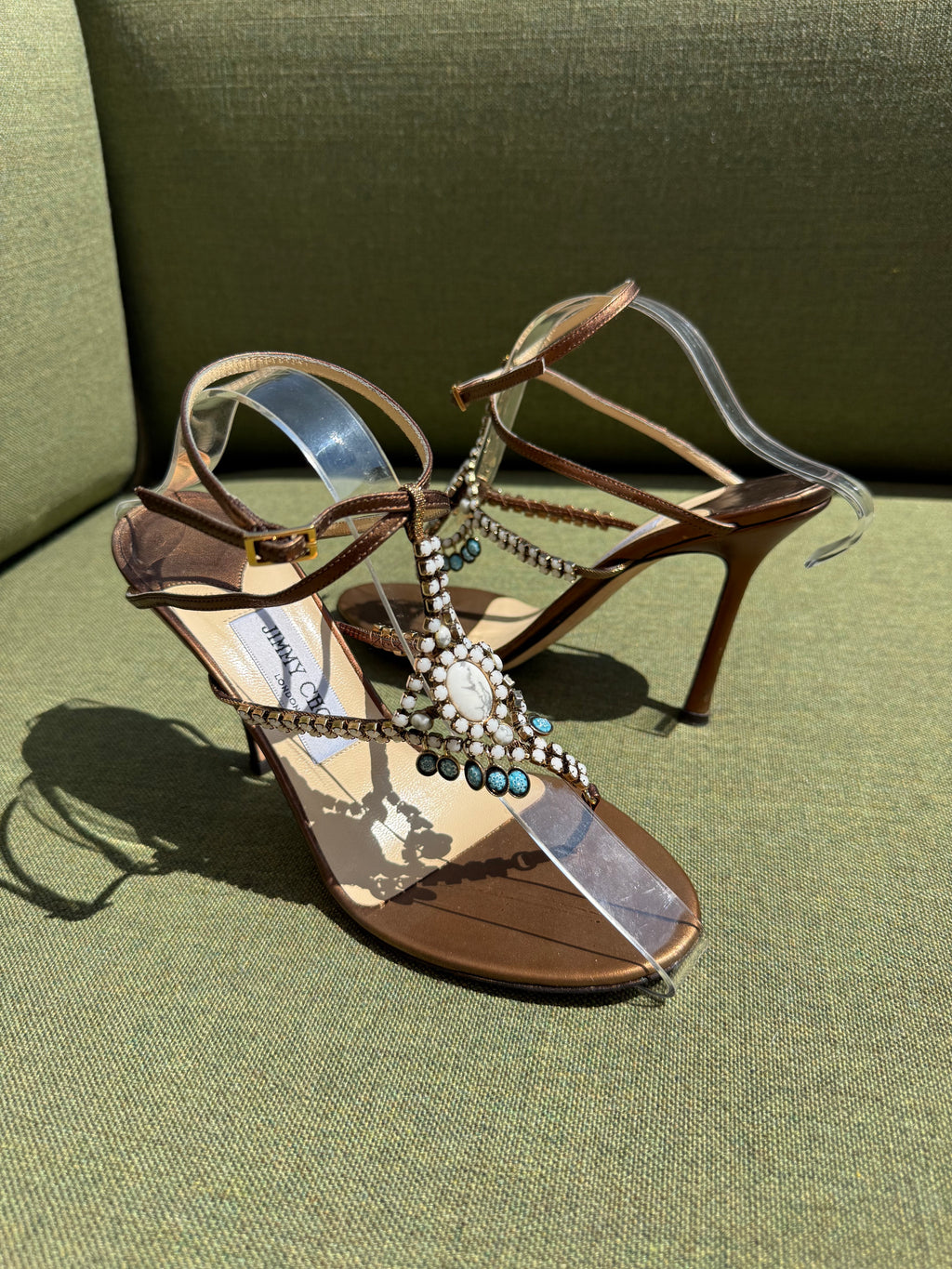 Vintage Jimmy Choo Bronze Embellished T-Strap Sandals