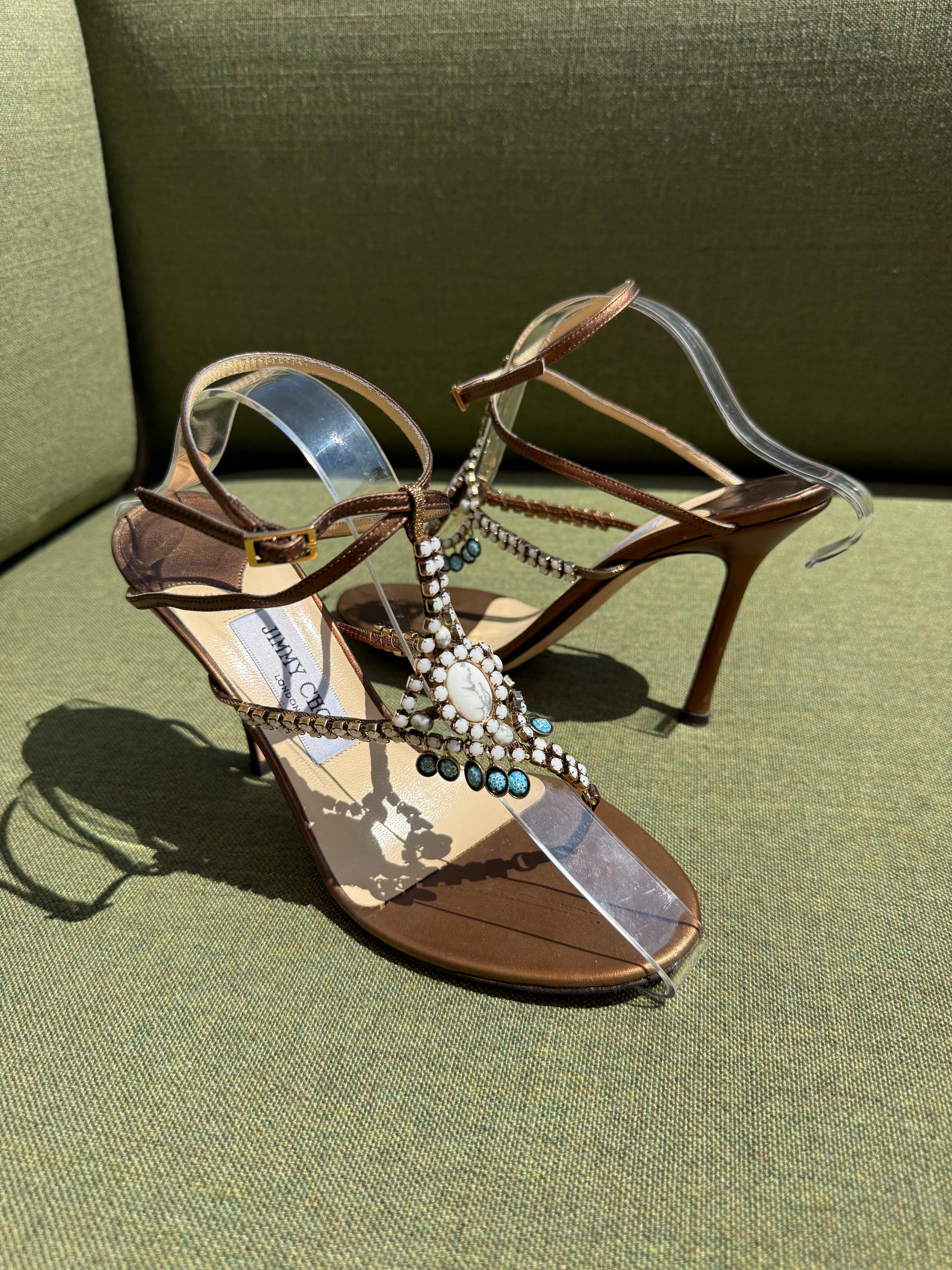 Vintage Jimmy Choo Bronze Embellished T-Strap Sandals