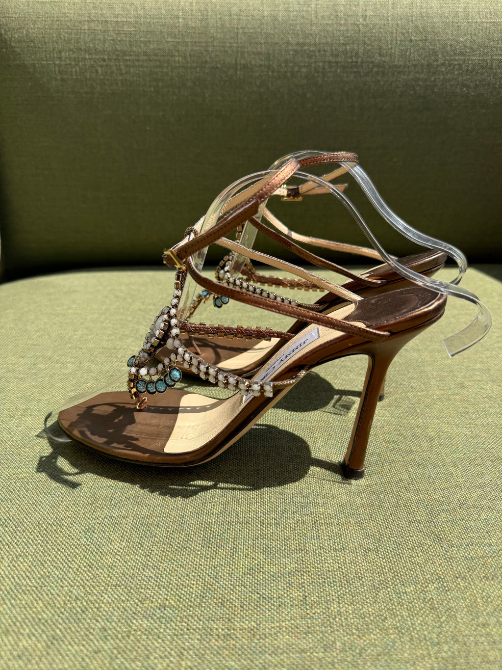 Vintage Jimmy Choo Bronze Embellished T-Strap Sandals