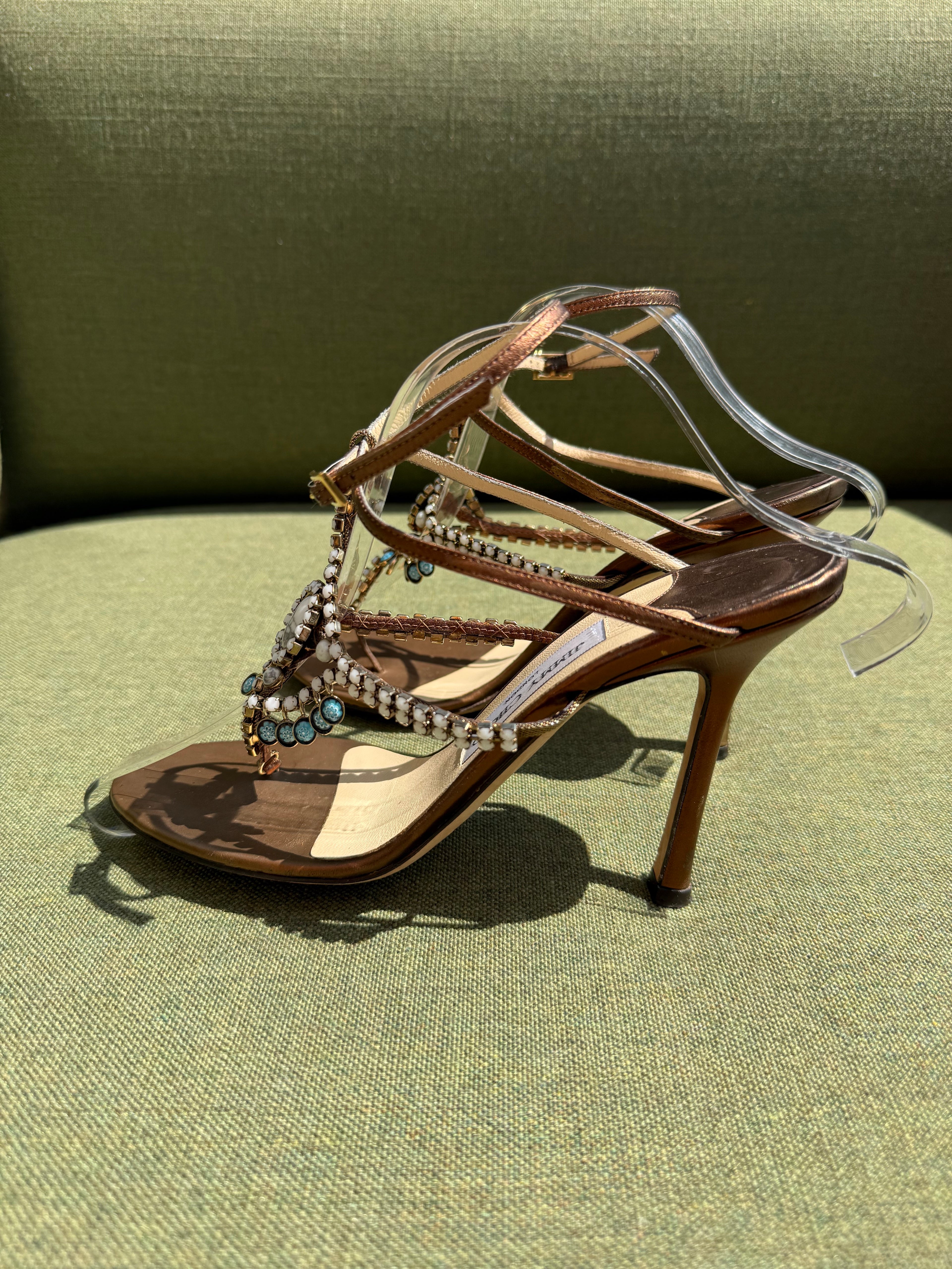 Vintage Jimmy Choo Bronze Embellished T-Strap Sandals