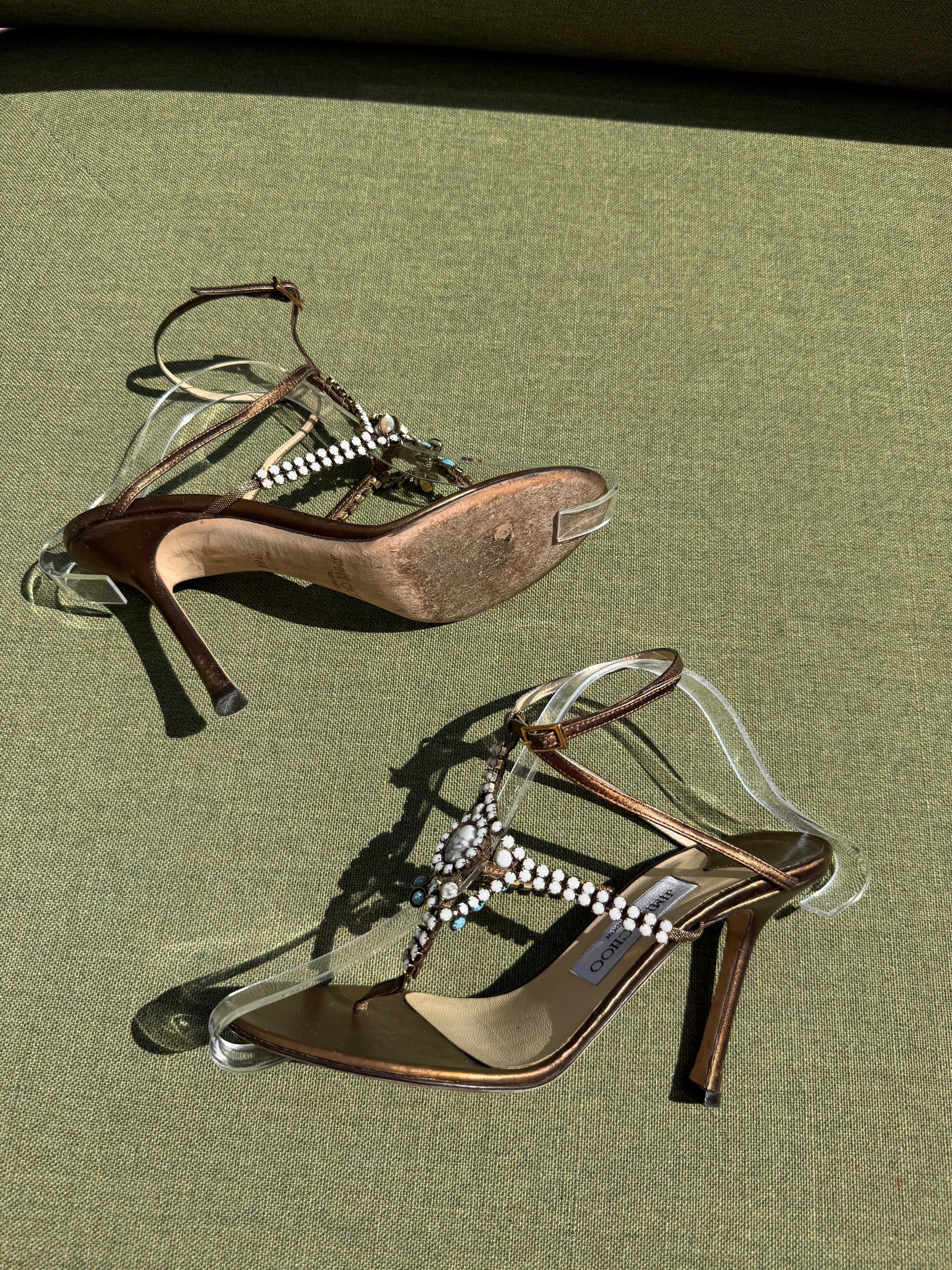 Vintage Jimmy Choo Bronze Embellished T-Strap Sandals