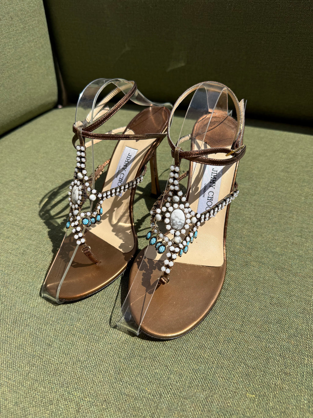 Vintage Jimmy Choo Bronze Embellished T-Strap Sandals