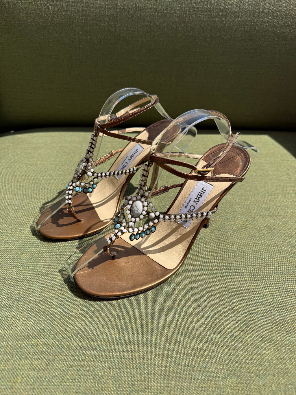 Vintage Jimmy Choo Bronze Embellished T-Strap Sandals