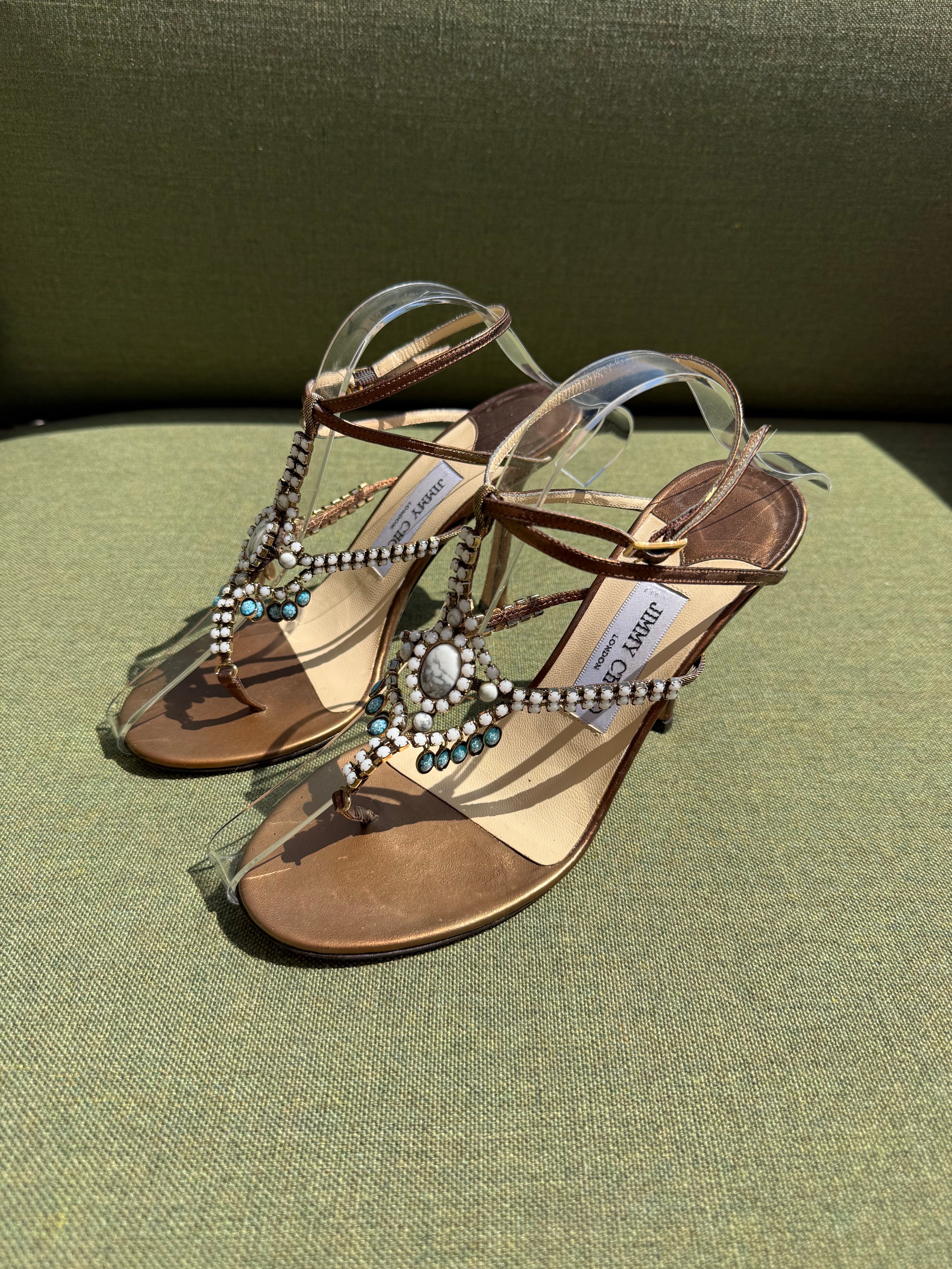 Vintage Jimmy Choo Bronze Embellished T-Strap Sandals
