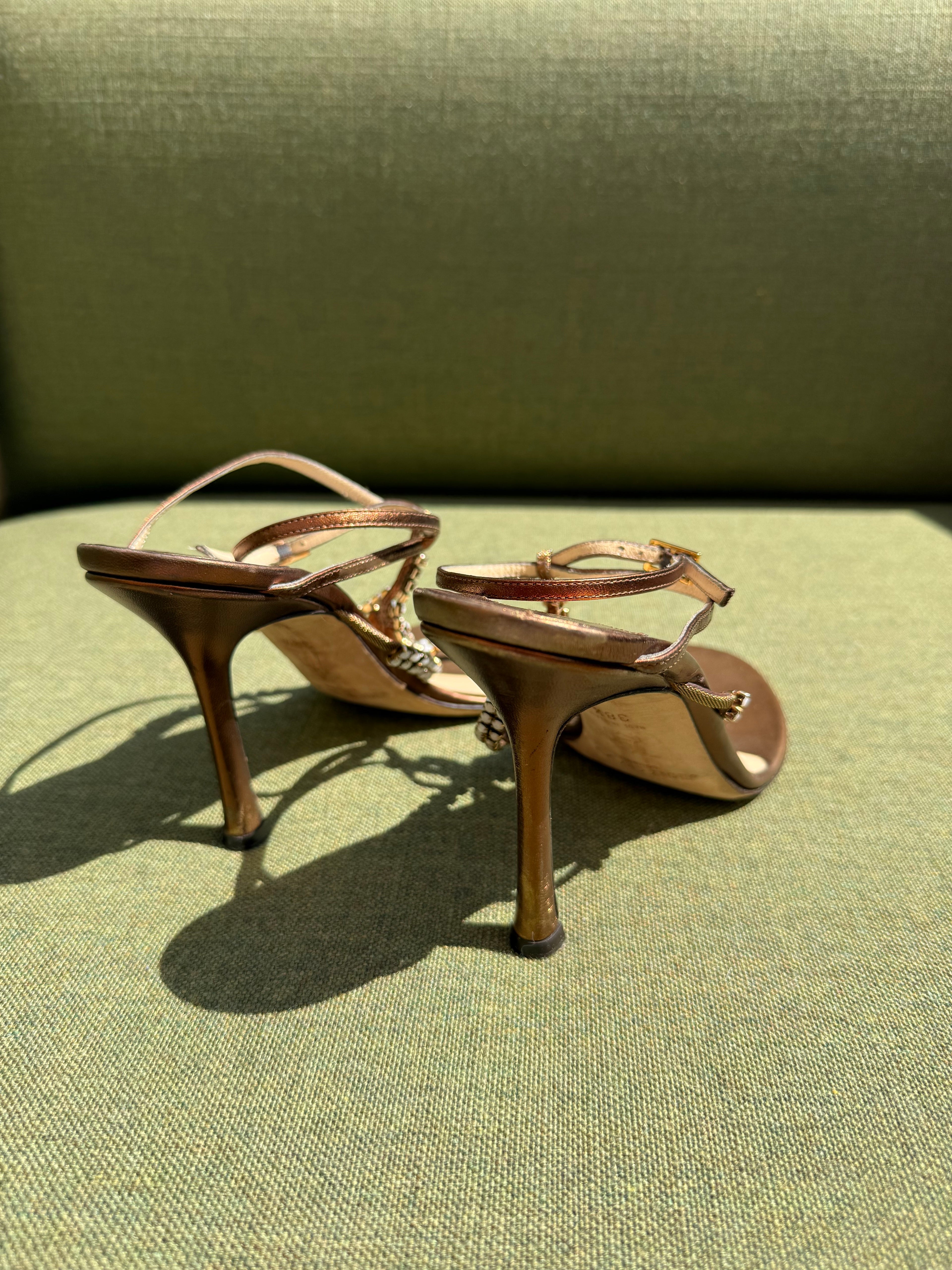 Vintage Jimmy Choo Bronze Embellished T-Strap Sandals