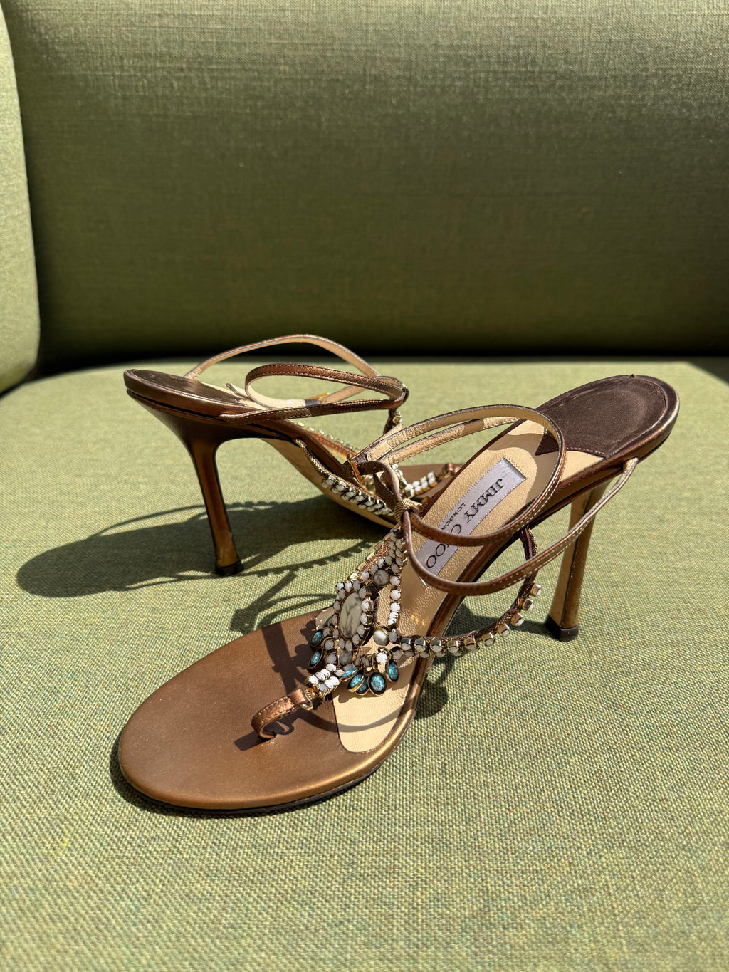 Vintage Jimmy Choo Bronze Embellished T-Strap Sandals